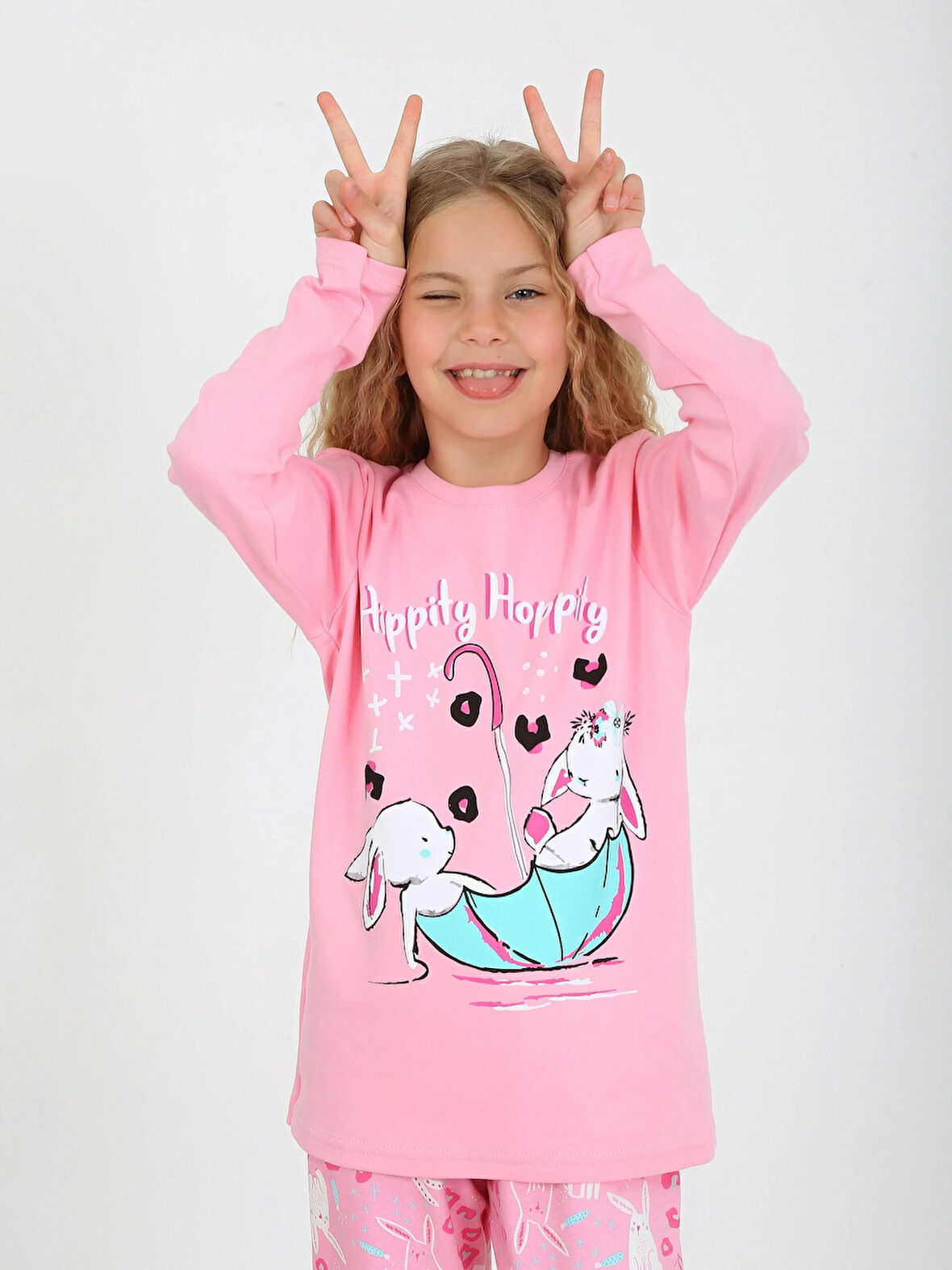 Kız Çocuk Uzun Kollu %100 Pamuklu Pijama Takımı Hippity Hoppity