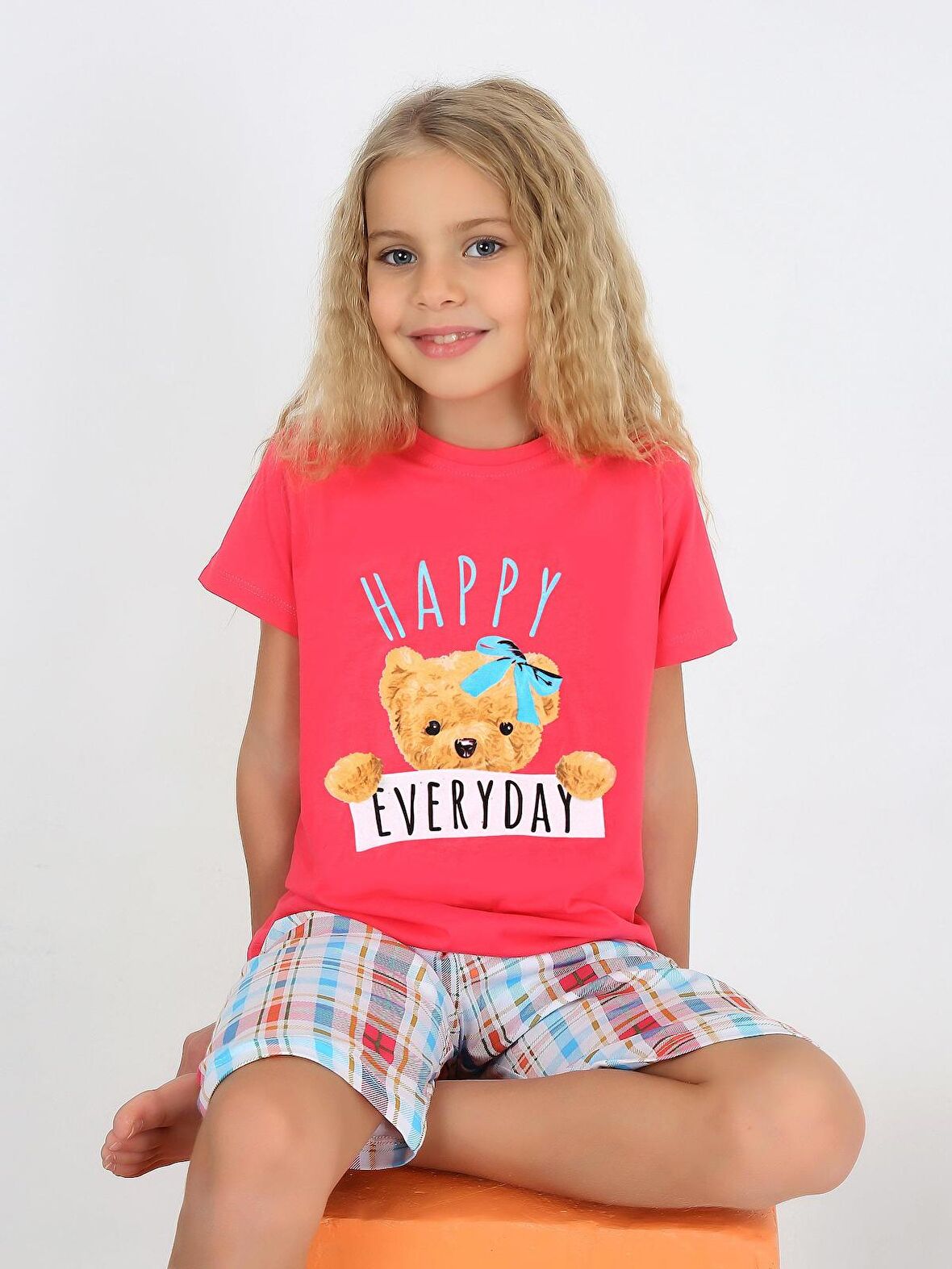 Kız Çocuk Kısa Kollu Kapri %100 Pamuklu Happy Bear Pijama Takımı Pembe