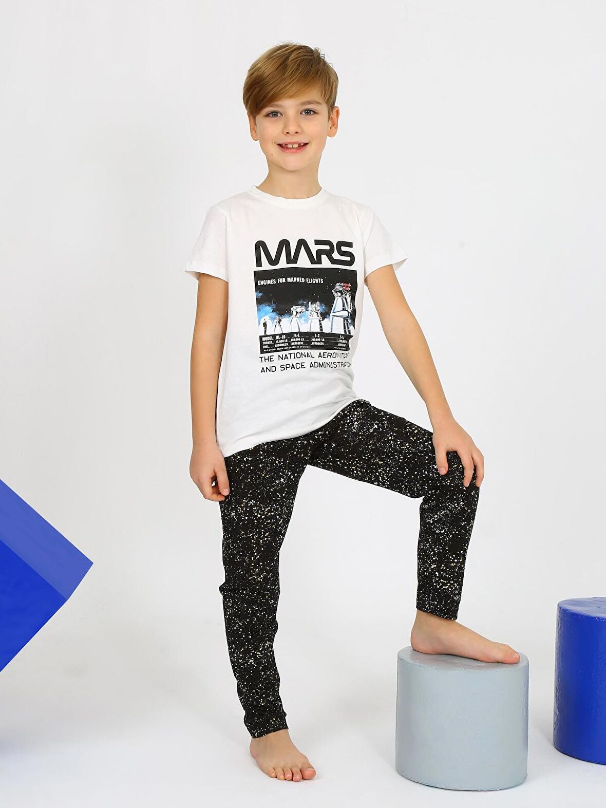 Erkek Çocuk Kısa Kollu %100 Pamuklu Mars Space Pijama Takımı İndigo