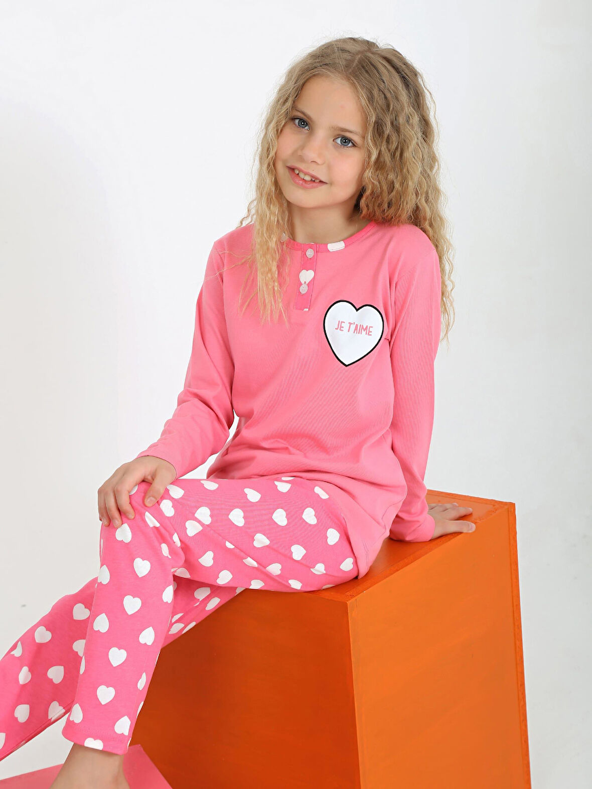 Kız Çocuk Uzun Kollu %100 Pamuklu Düğme Detaylı Pijama Takımı Je T'aime