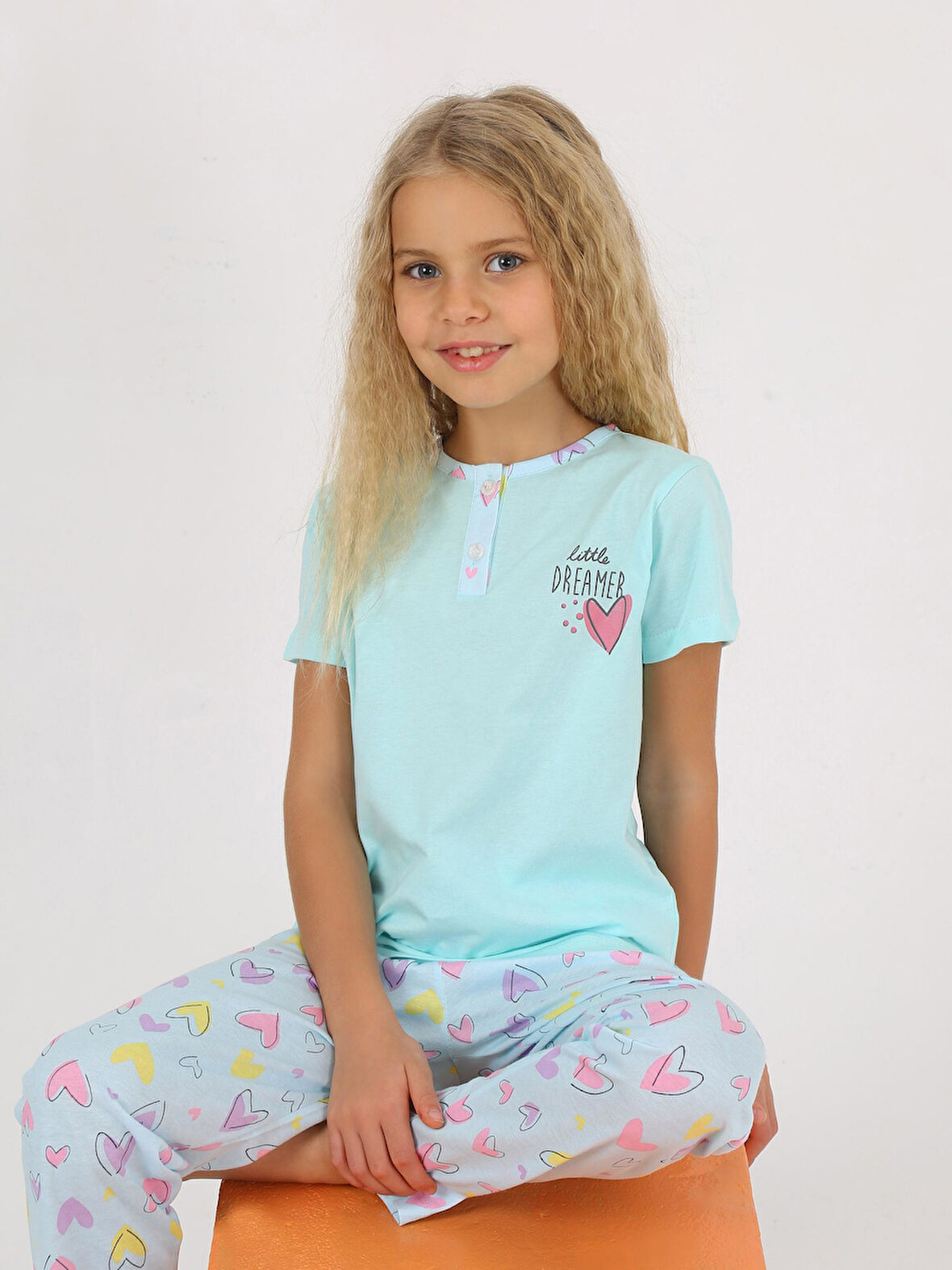 Kız Çocuk Kısa Kollu %100 Pamuklu Düğme Detaylı Dreamer Pijama Takımı