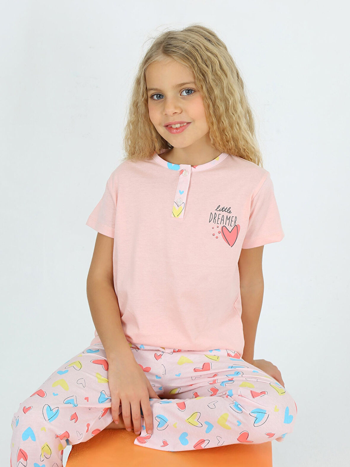 Kız Çocuk Kısa Kollu %100 Pamuklu Düğme Detaylı Dreamer Pijama Takımı