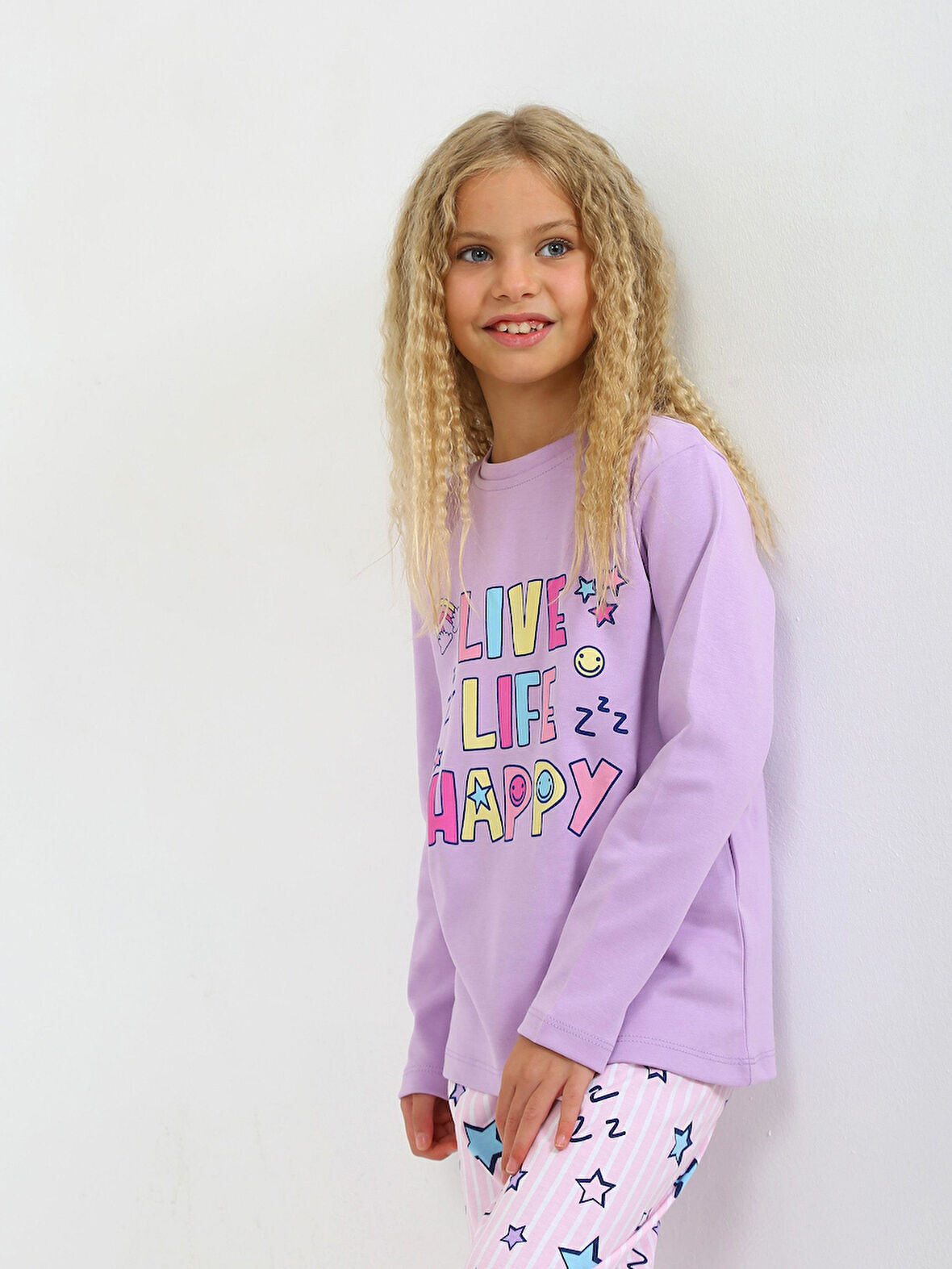 Kız Çocuk Uzun Kollu %100 Pamuklu Pijama Takımı Happy Life