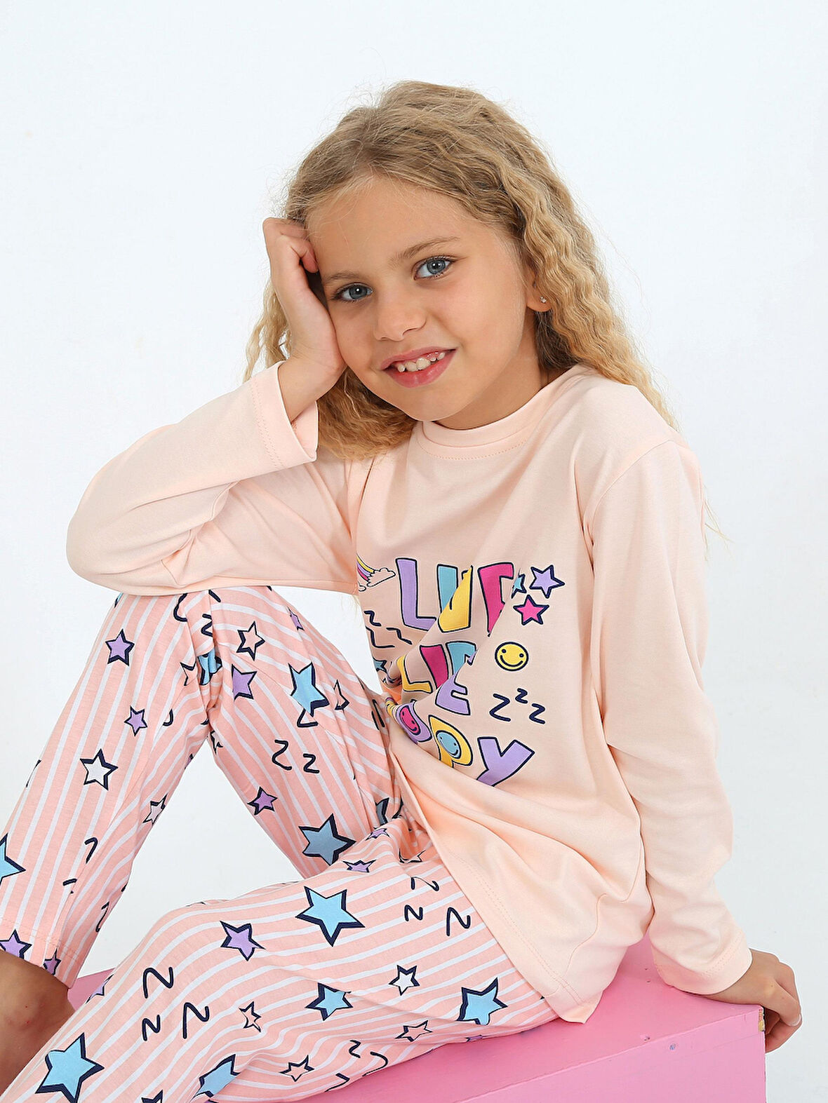 Kız Çocuk Uzun Kollu %100 Pamuklu Pijama Takımı Happy Life