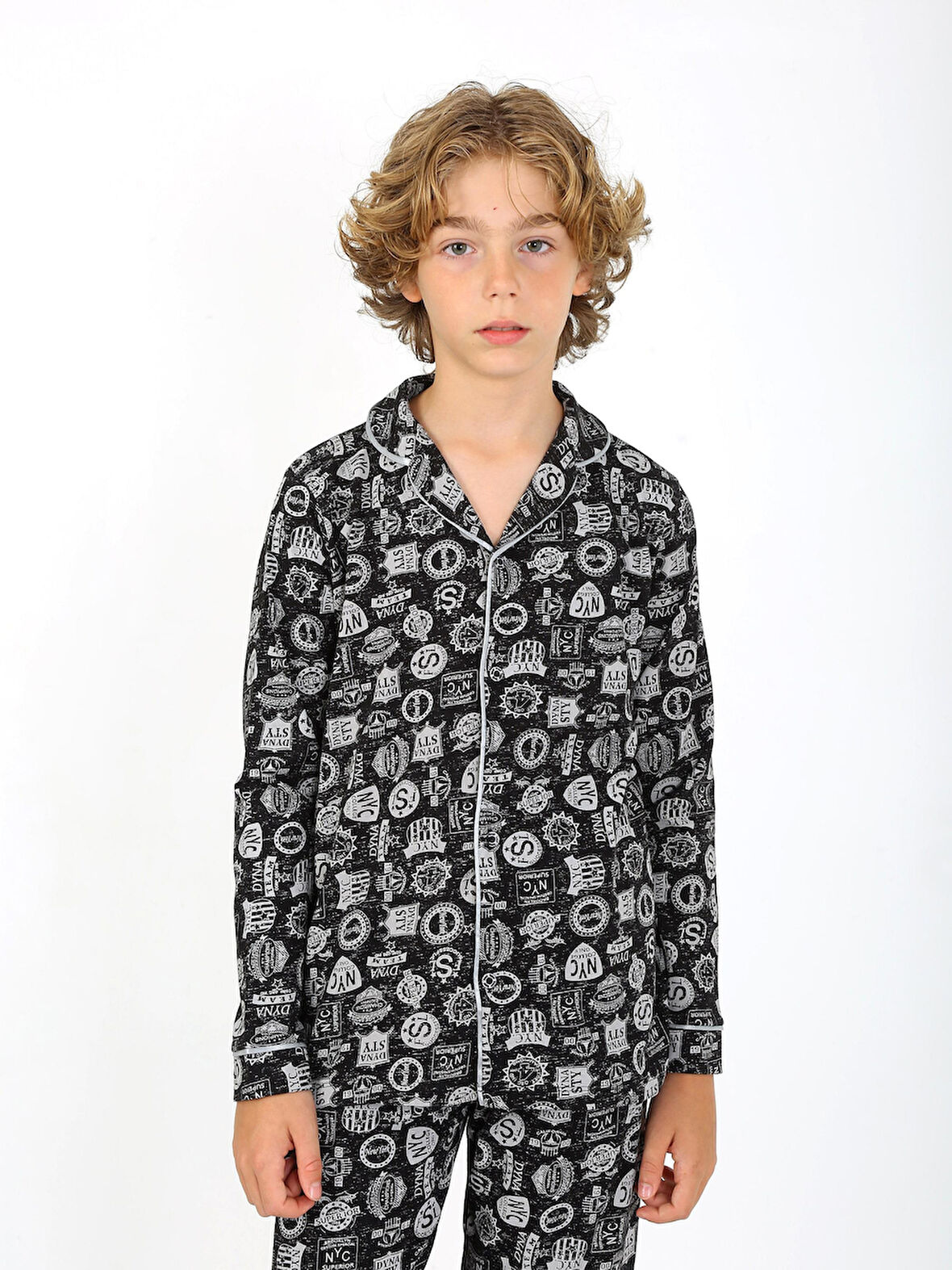 Erkek Çocuk Uzun Kollu %100 Pamuklu Düğmeli Pijama Takımı Arma Uzun