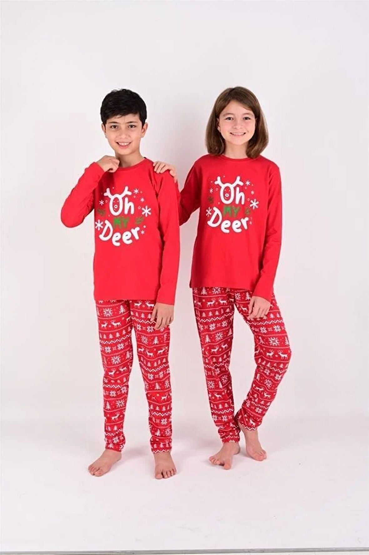Kız / Erkek Çocuk Yılbaşı Geyik Desen Uzun Kollu %100 Pamuklu Pijama Takımı