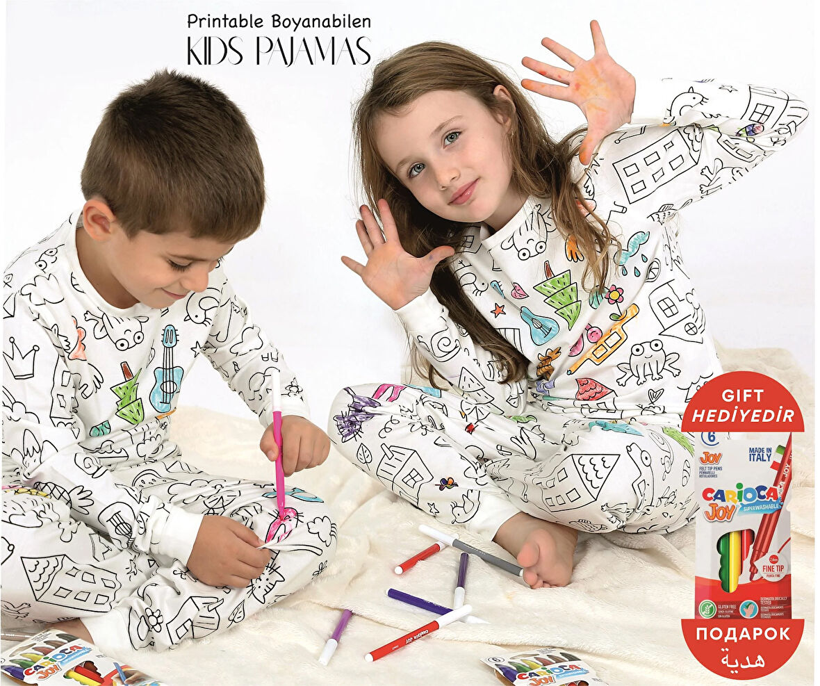 Uzun Kollu Özel Kalem Hediye BOYANABİLİR Kız Erkek Çocuk Pijama Takımı (Yıkama Sonrası Leke Bırakmaz)