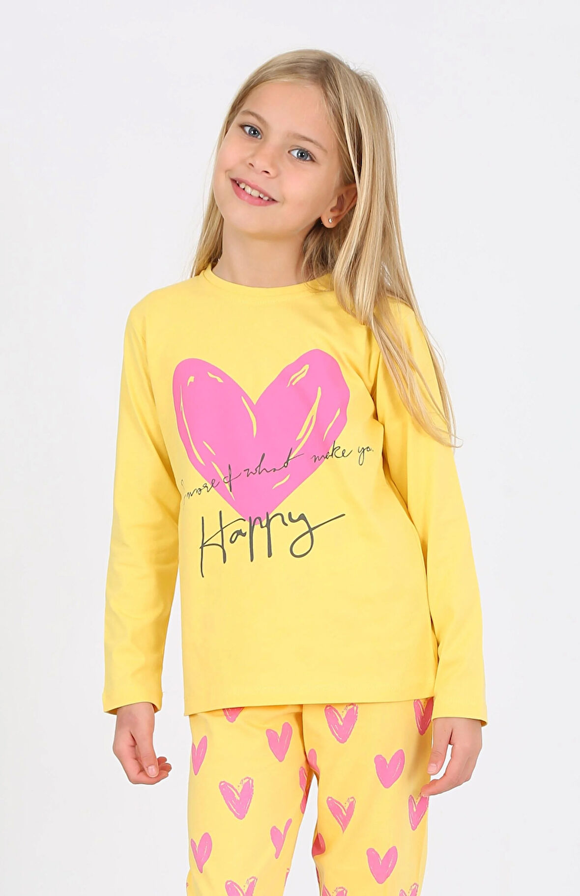 Kız Çocuk Uzun Kollu %100 Pamuklu Pijama Takımı Happy Heart Sarı