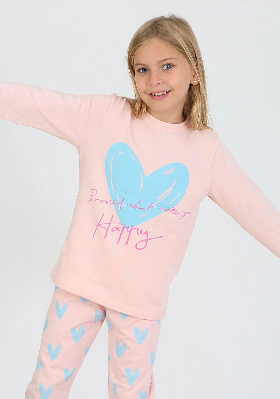 Kız Çocuk Uzun Kollu %100 Pamuklu Pijama Takımı Happy Heart Somon