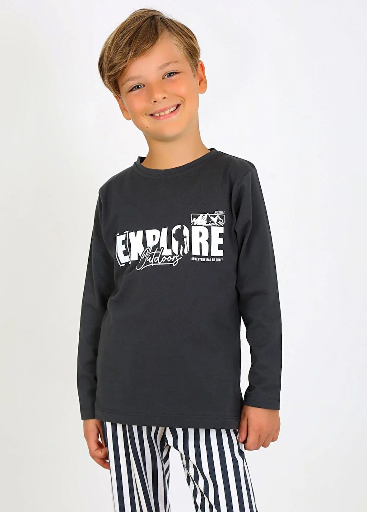 Erkek Çocuk Uzun Kollu %100 Pamuklu Pijama Takımı Explore Antrasit