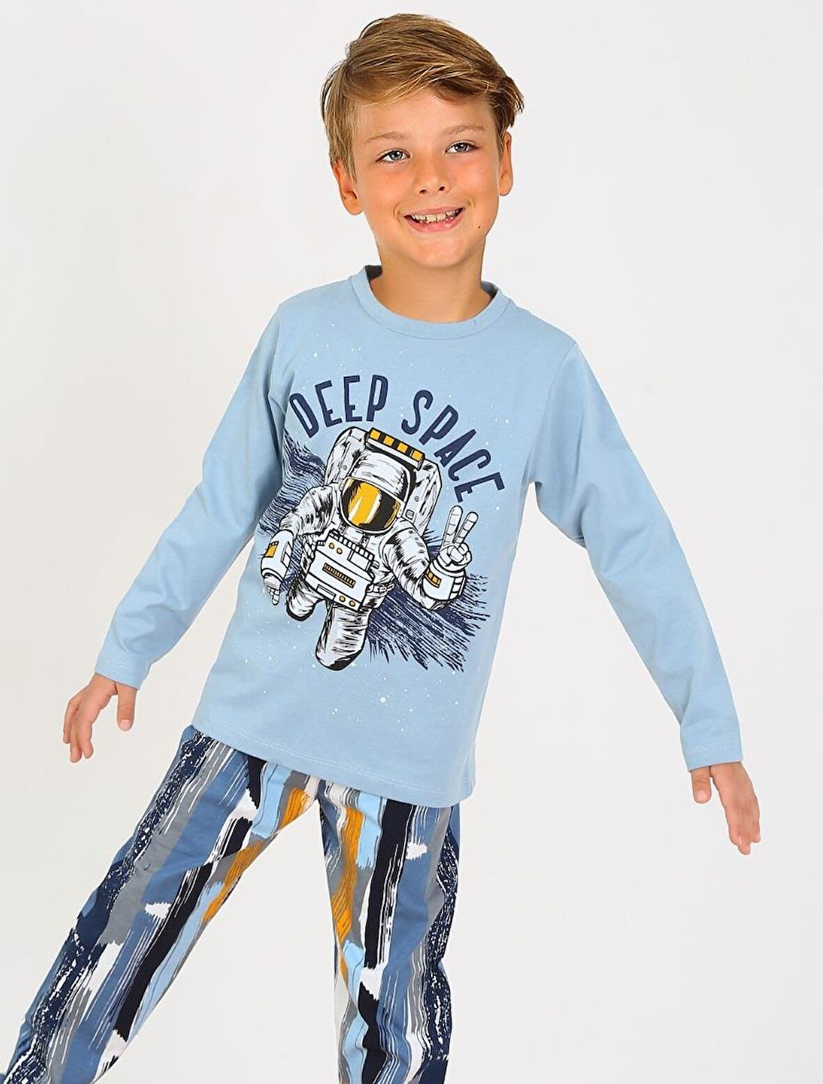 Erkek Çocuk Uzun Kollu %100 Pamuklu Pijama Takımı Deep Space Mavi