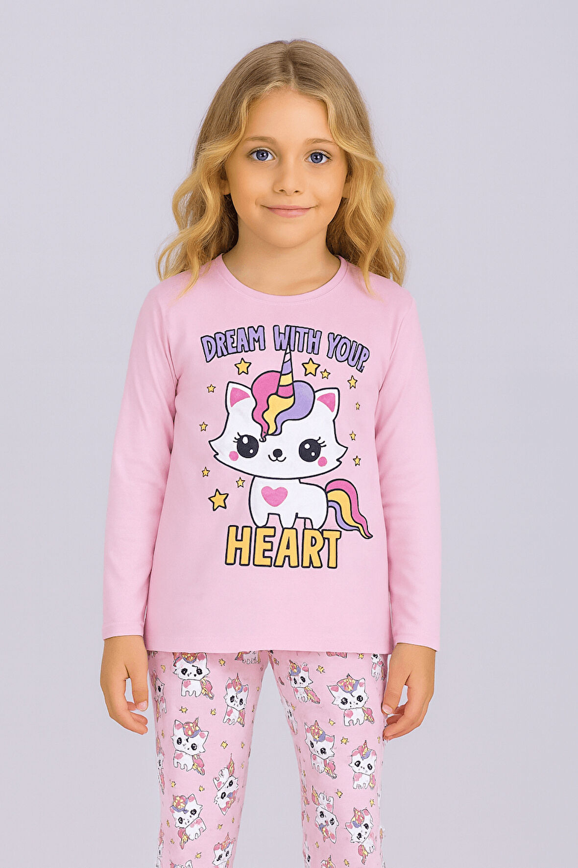 Kız Çocuk Uzun Kollu %100 Pamuklu Pijama Takımı Unicat