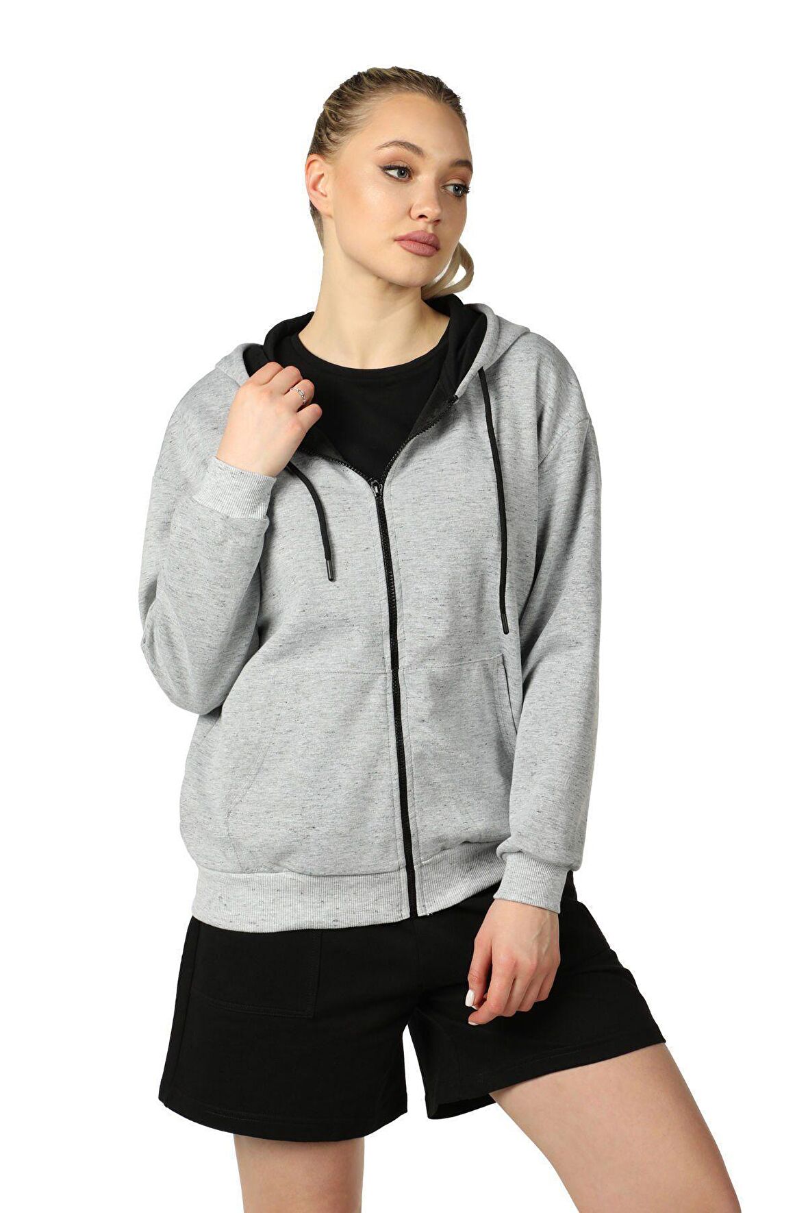 defy's KADIN KAPÜŞONLU FERMUARLI OVERSIZE SWEATSHIRT KIRÇILLI GRİ - XXL