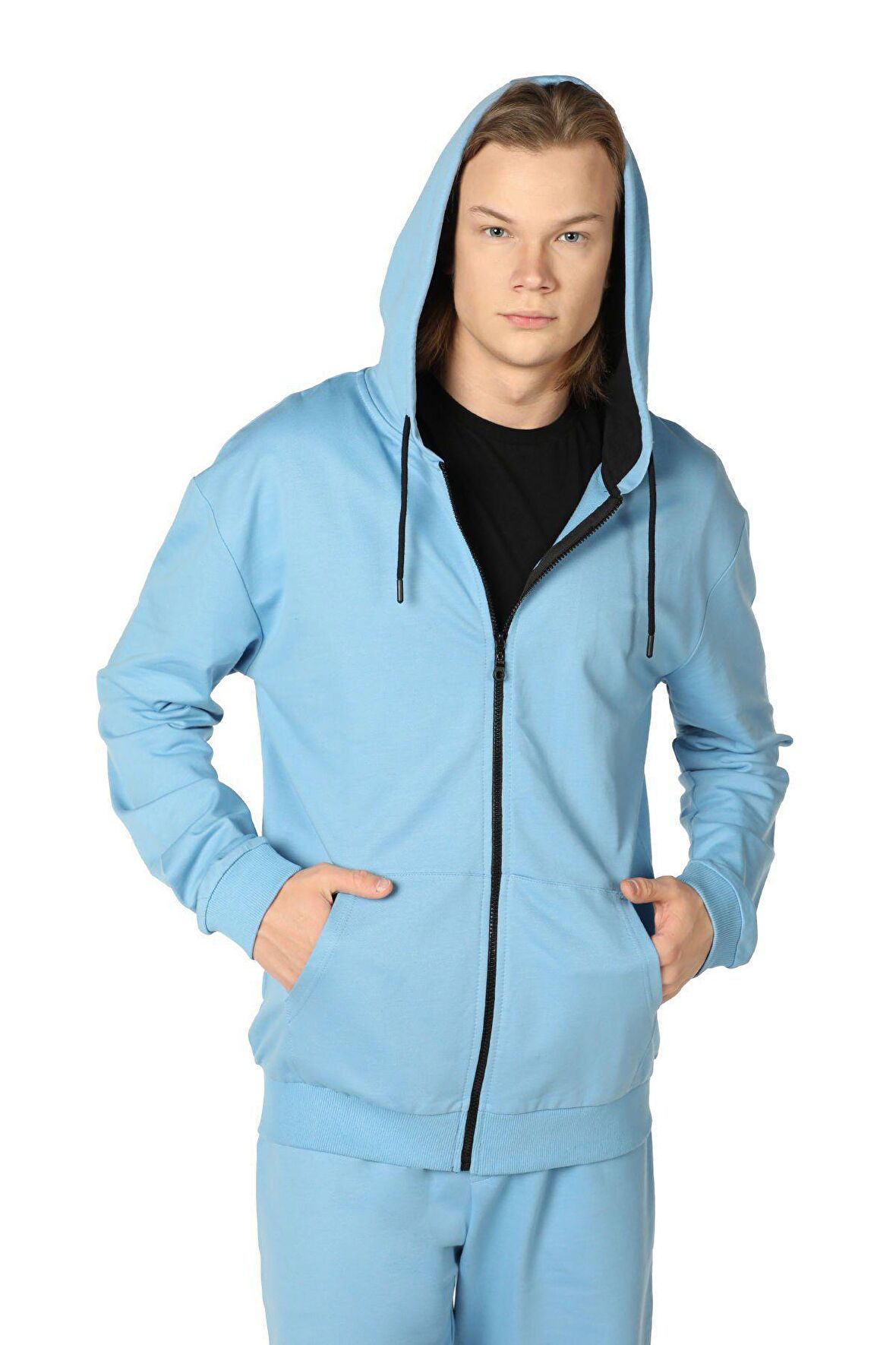 defy's ERKEK KAPÜŞONLU FERMUARLI OVERSIZE SWEATSHIRT MAVİ - XL