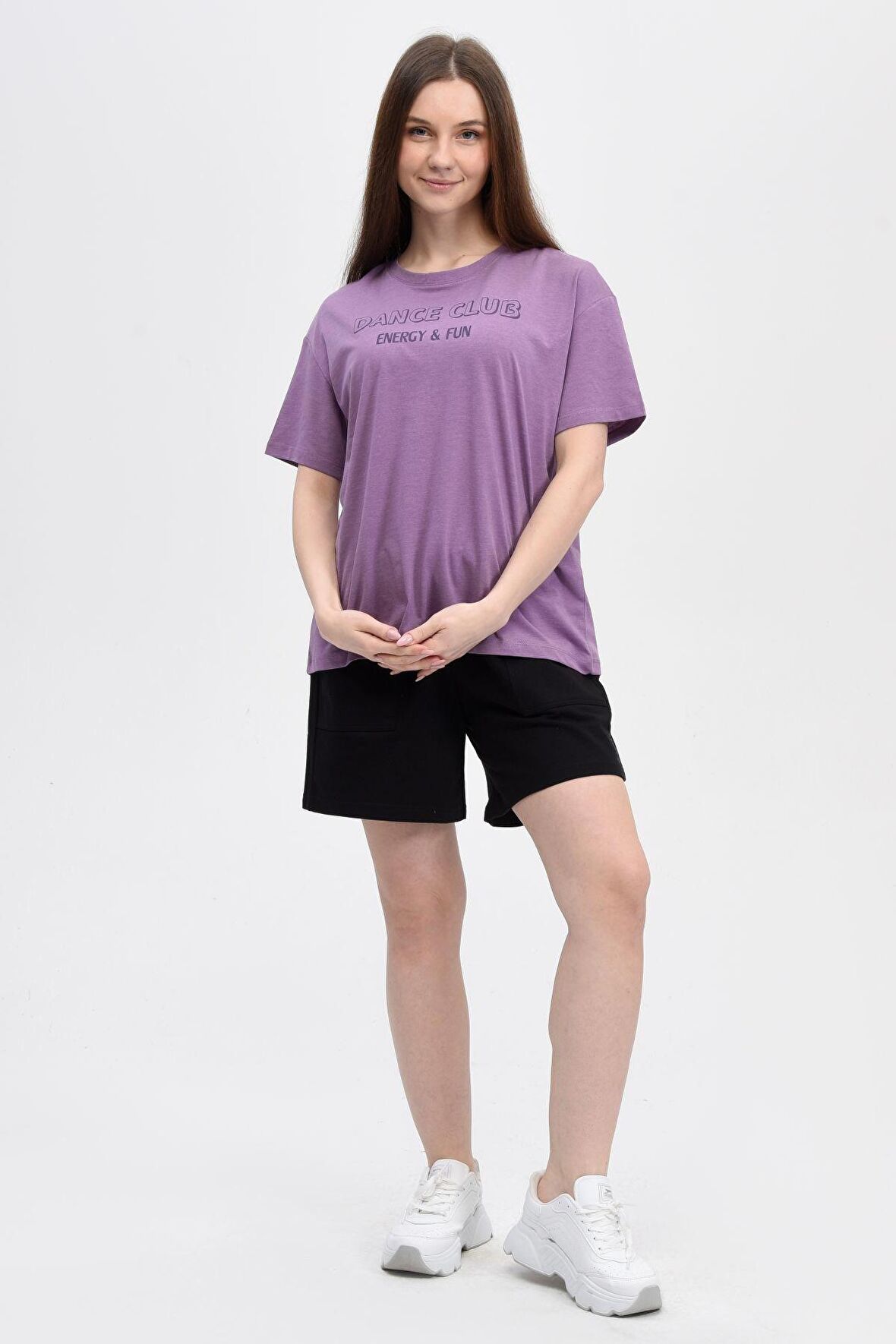 defy's KADIN BASKILI KISA KOLLU BİSİKLET YAKA OVERSIZE TİŞÖRT MOR - M
