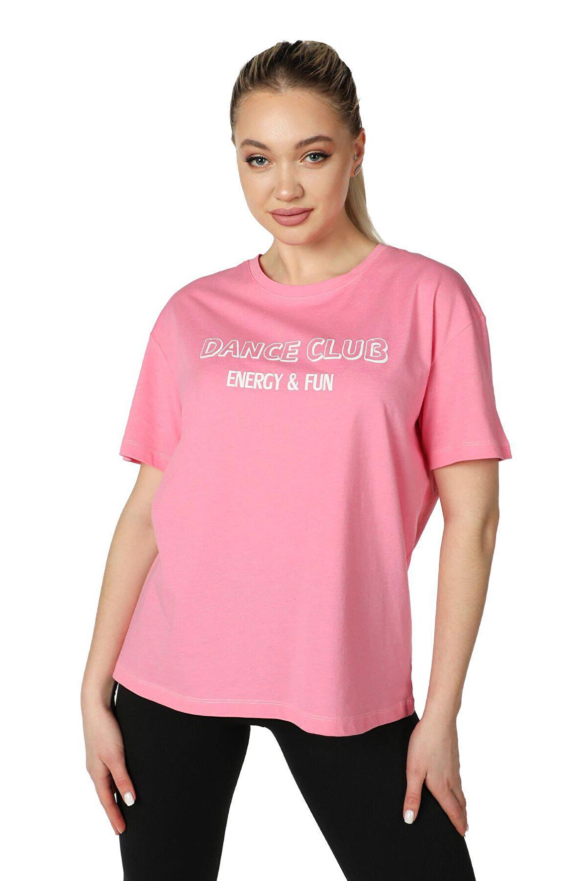defy's KADIN BASKILI KISA KOLLU BİSİKLET YAKA OVERSIZE TİŞÖRT PEMBE - XS