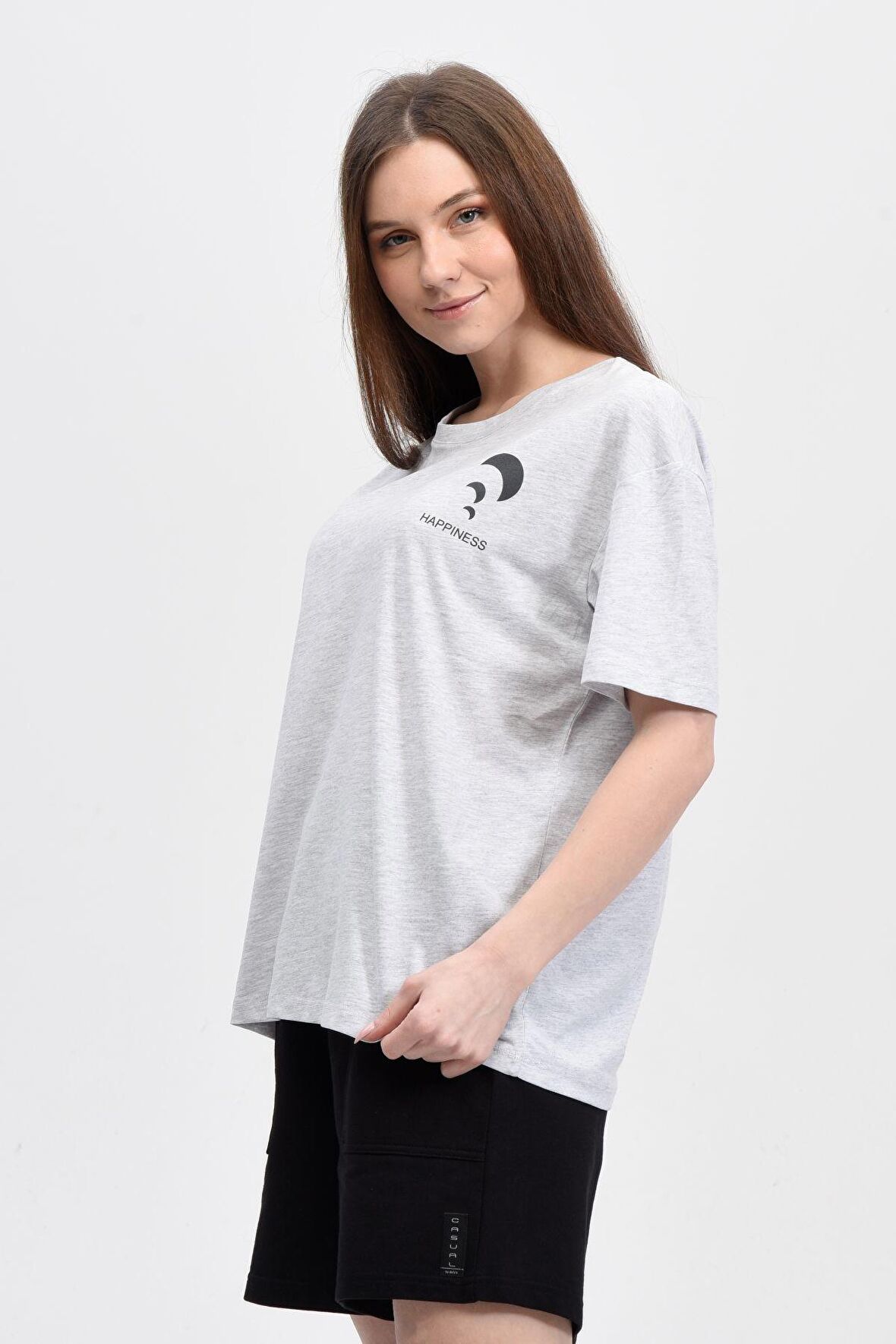 defy's KADIN ÖN VE SIRT BASKILI KISA KOLLU BİSİKLET YAKA OVERSIZE TİŞÖRT KAR MELANJ - M