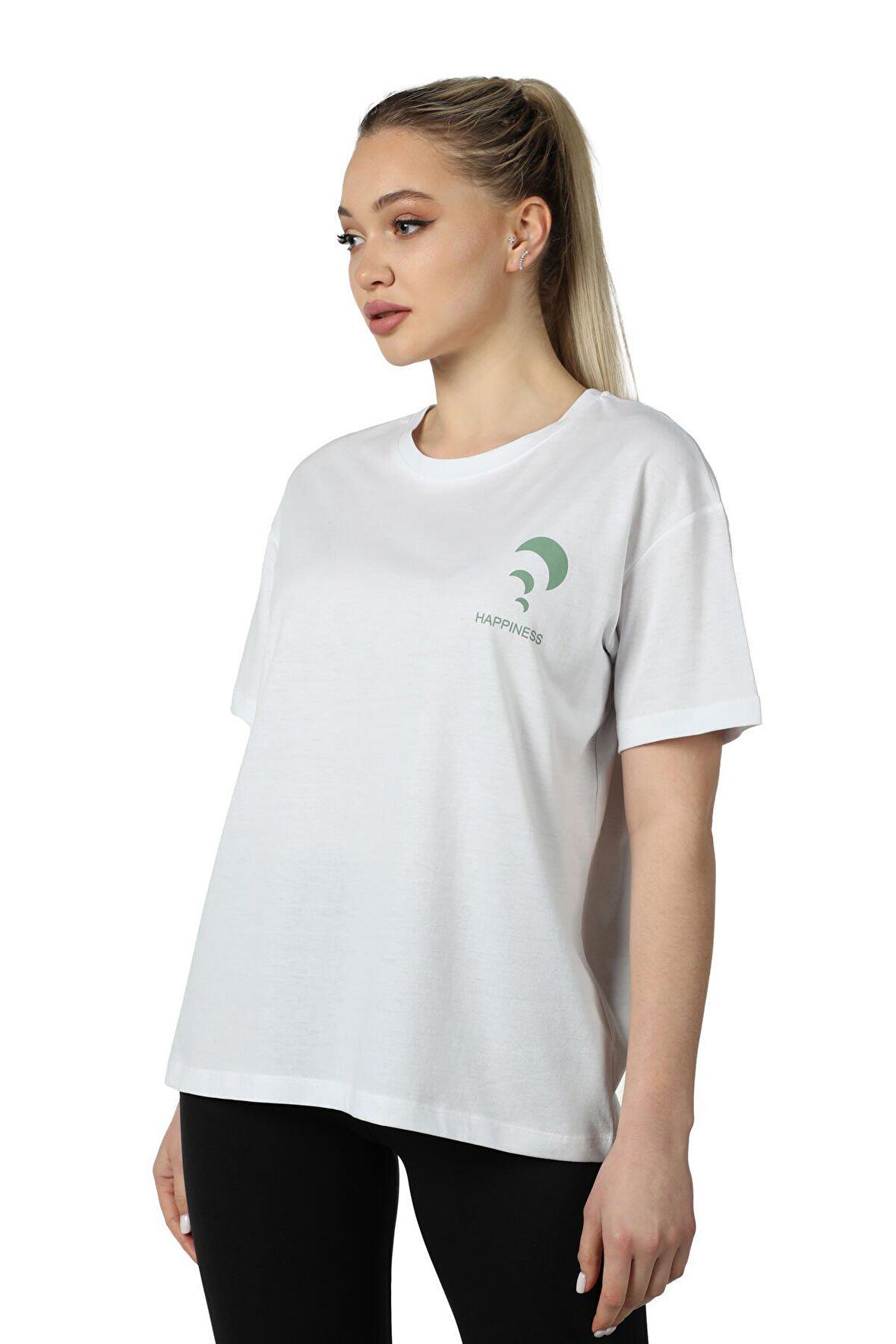 defy's KADIN ÖN VE SIRT BASKILI KISA KOLLU BİSİKLET YAKA OVERSIZE TİŞÖRT BEYAZ - XS