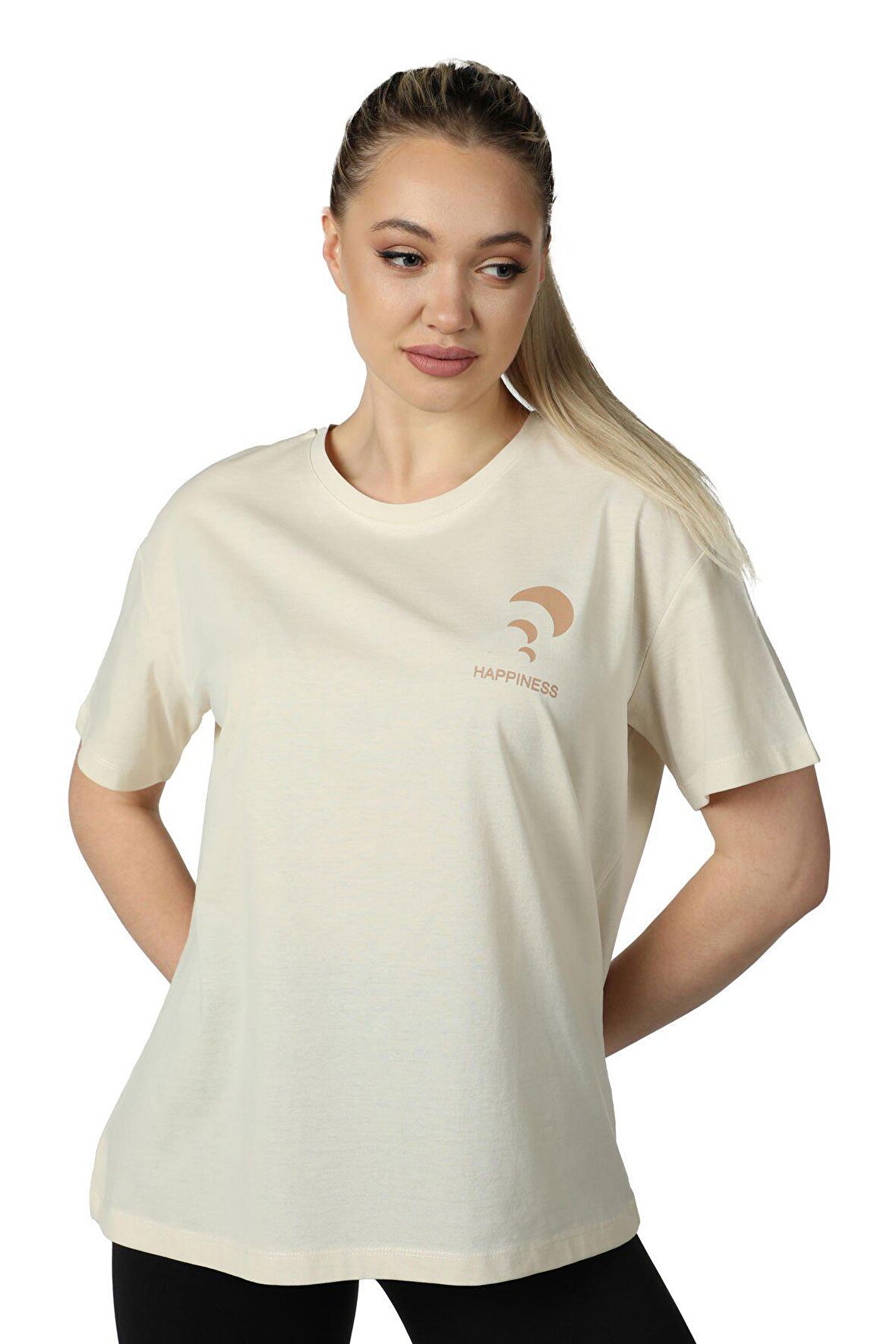 defy's KADIN ÖN VE SIRT BASKILI KISA KOLLU BİSİKLET YAKA OVERSIZE TİŞÖRT BEJ - S