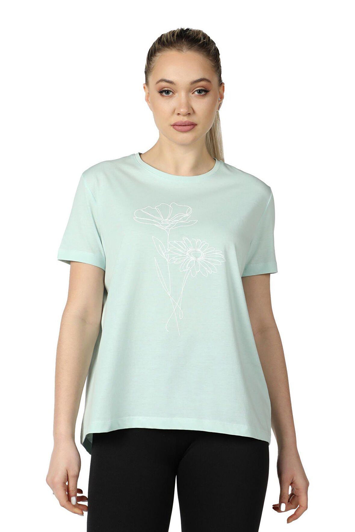 defy's KADIN ARKASI UZUN RAHAT KALIP BASKILI KISA KOLLU BİSİKLET YAKA TİŞÖRT SU YEŞİLİ - XS