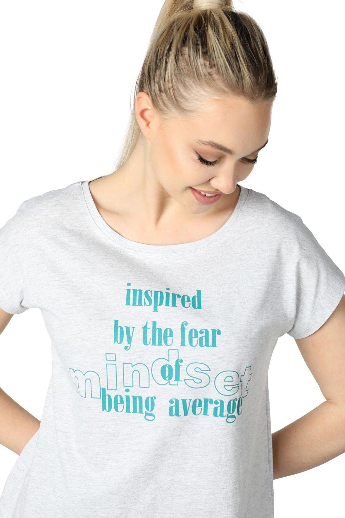 defy's KADIN ARKA DİKİŞ DETAYLI BASKILI KISA KOLLU BİSİKLET YAKA TİŞÖRT KAR MELANJ - XL