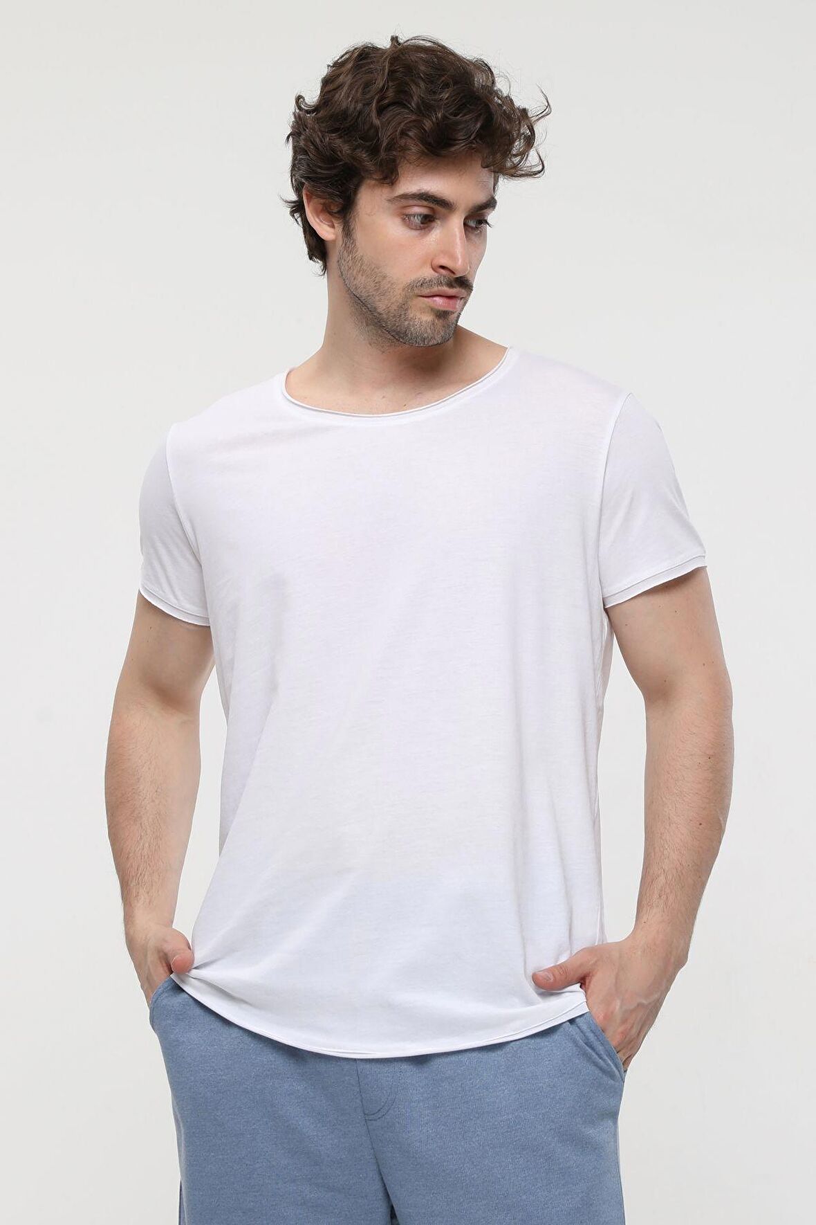 defy's ERKEK KISA KOLLU BASKILI OVERSIZE KALIP BİSİKLET YAKA TİŞÖRT KAR MELANJ - XS