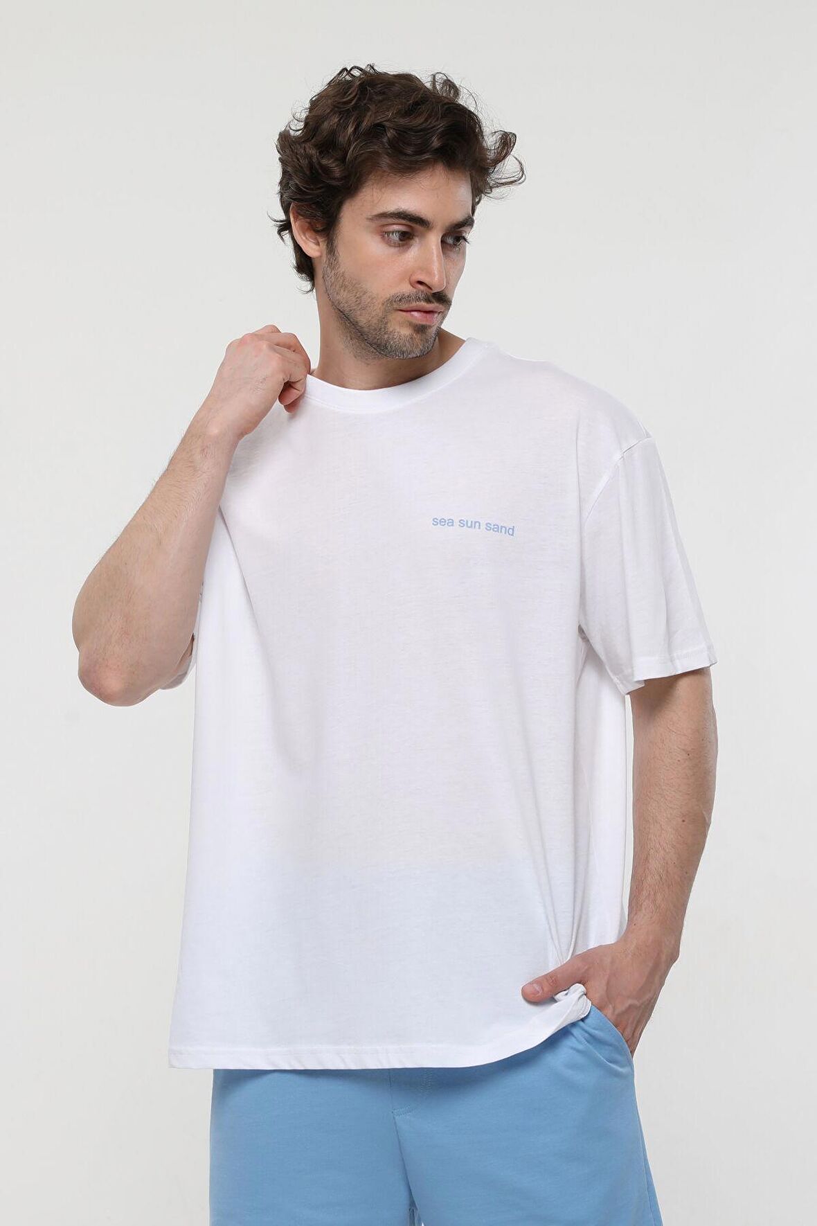 defy's ERKEK KISA KOLLU BASKILI OVERSIZE KALIP BİSİKLET YAKA TİŞÖRT KAR MELANJ - XS