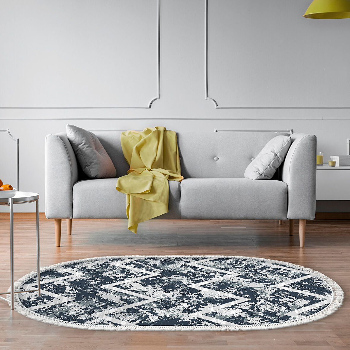 Dekoreko Kaymaz Taban Djt Salon Halısı Yıldız Deri Saçaklı Oval İskandinav F5128