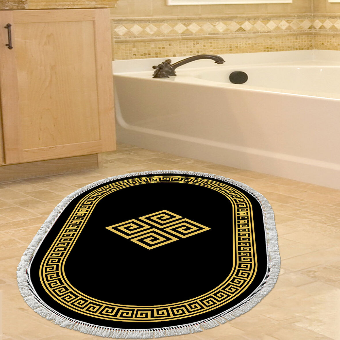 Dekoreko Kaymaz Taban Djt Banyo Halısı Star Pamuk Saçaklı Oval Modern 656M