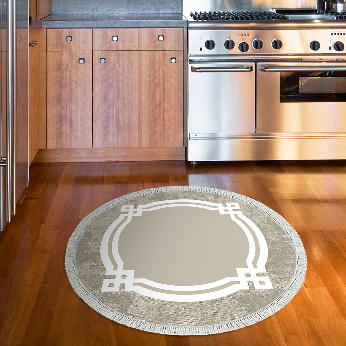 Dekoreko Kaymaz Taban Djt Mutfak Halısı Star Pamuk Saçaklı Yuvarlak Modern 657M