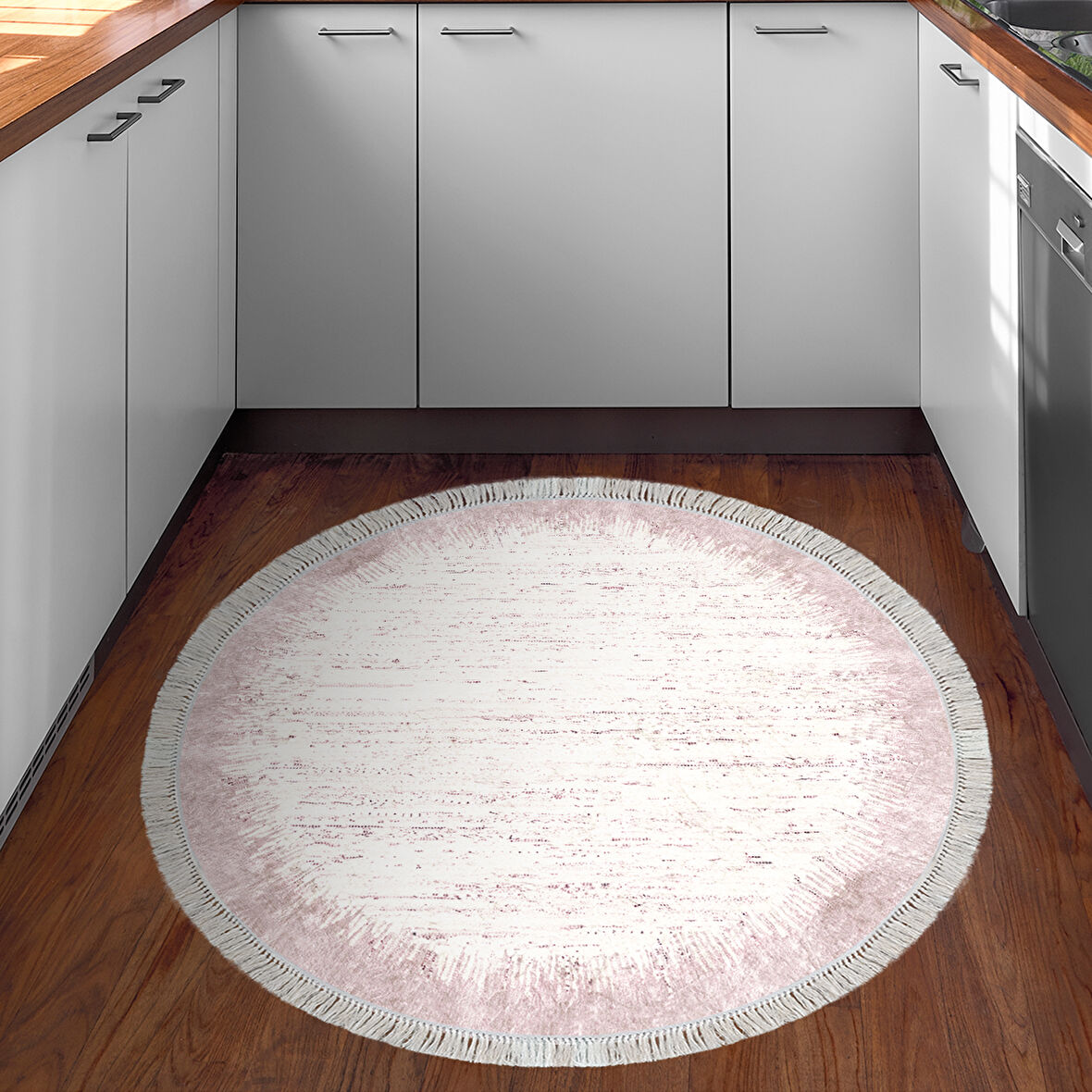 Dekoreko Kaymaz Taban Djt Mutfak Halısı Yıldız Deri Saçaklı Yuvarlak Modern 1342