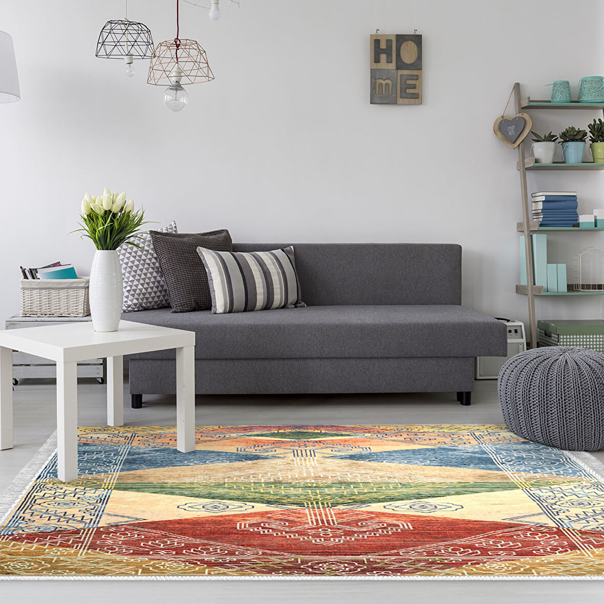 Dekoreko Kaymaz Taban Djt Salon Halısı Yıldız Deri Saçaklı İskandinav S5047