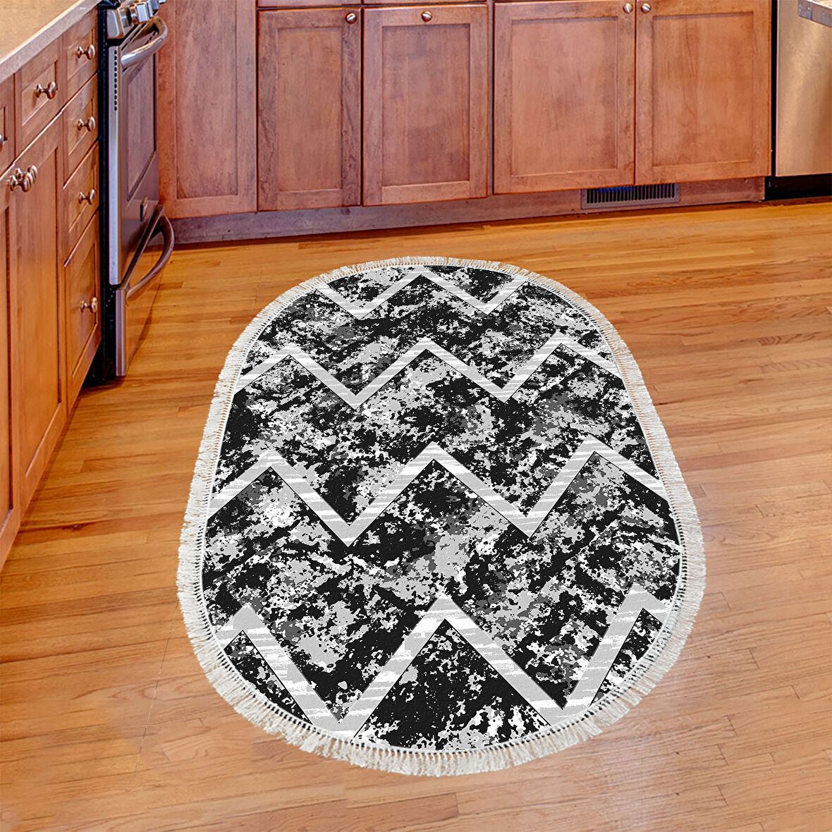 Dekoreko Kaymaz Taban Djt Mutfak Halısı Star Pamuk Saçaklı Oval İskandinav F5128