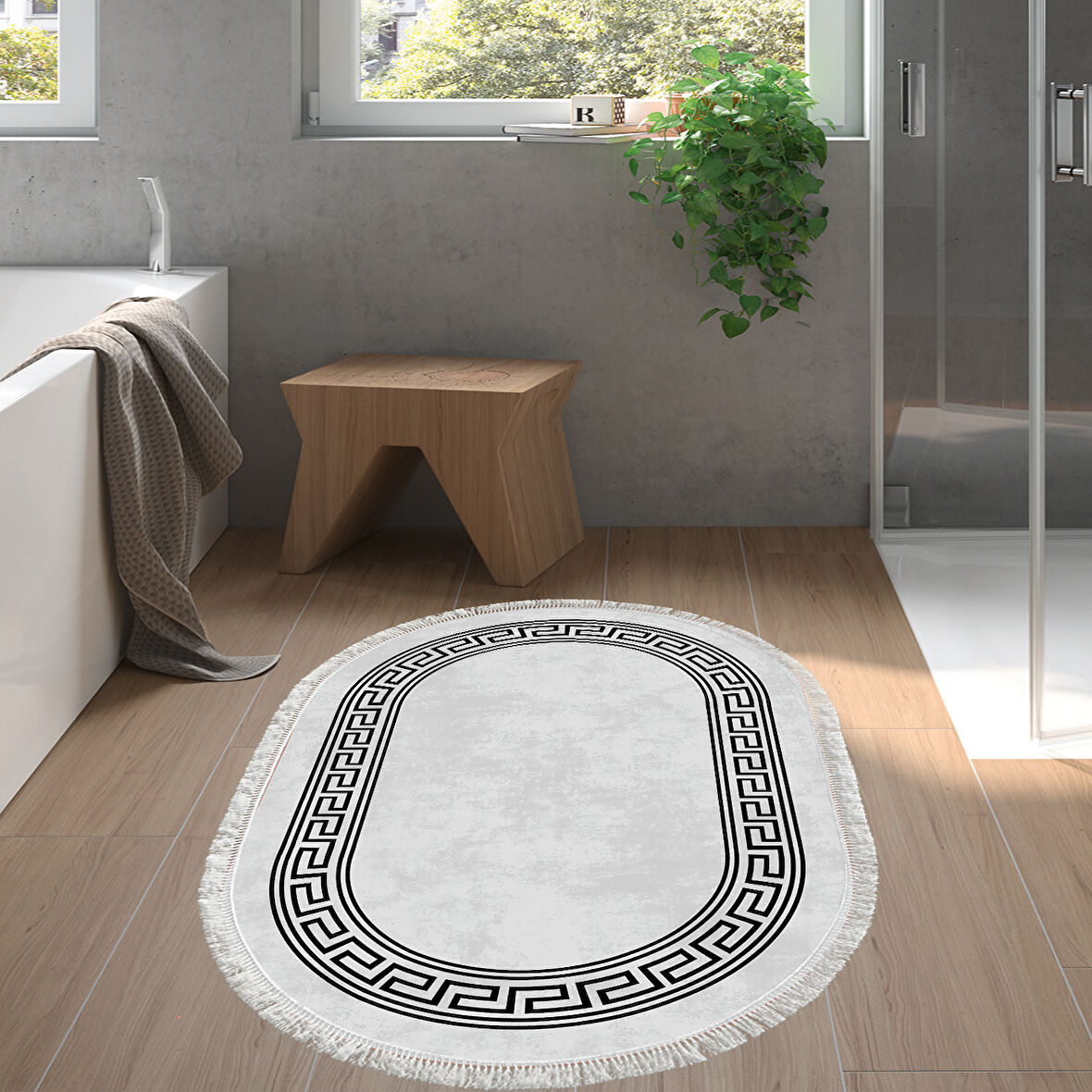 Dekoreko Kaymaz Taban Djt Banyo Halısı Trend Saçaklı Oval Modern 626M