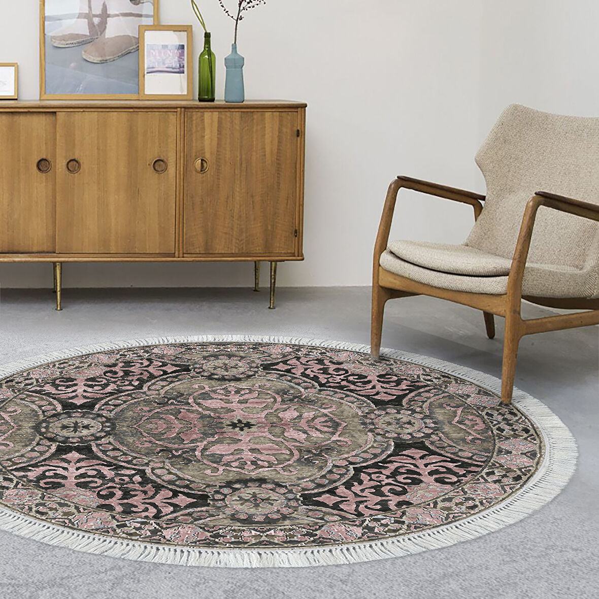 Dekoreko Kaymaz Taban Djt Salon Halısı Yıldız Deri Saçaklı Yuvarlak Modern 659M