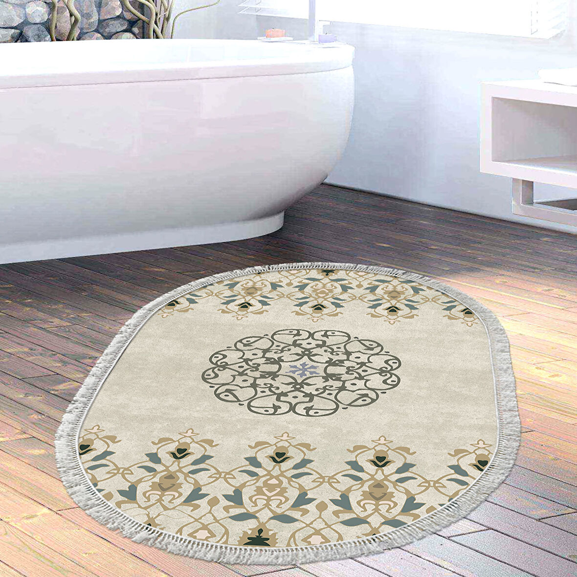 Dekoreko Kaymaz Taban Djt Banyo Halısı Yıldız Deri Saçaklı Oval Modern 1491