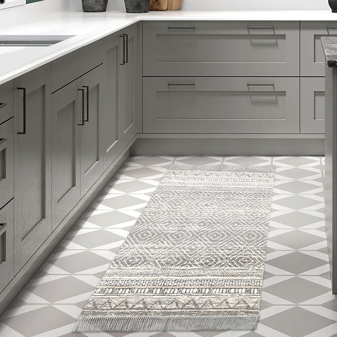 Dekoreko Kaymaz Taban Djt Mutfak Halısı Yıldız Deri Saçaklı İskandinav F5087