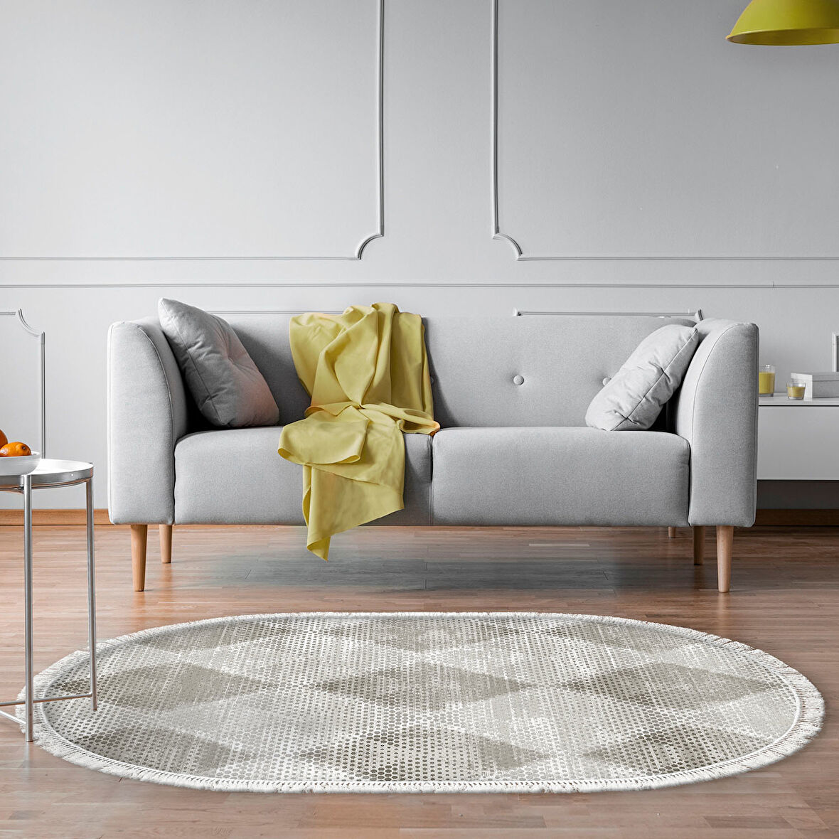 Dekoreko Kaymaz Taban Djt Salon Halısı Star Pamuk Saçaklı Oval İskandinav F5131