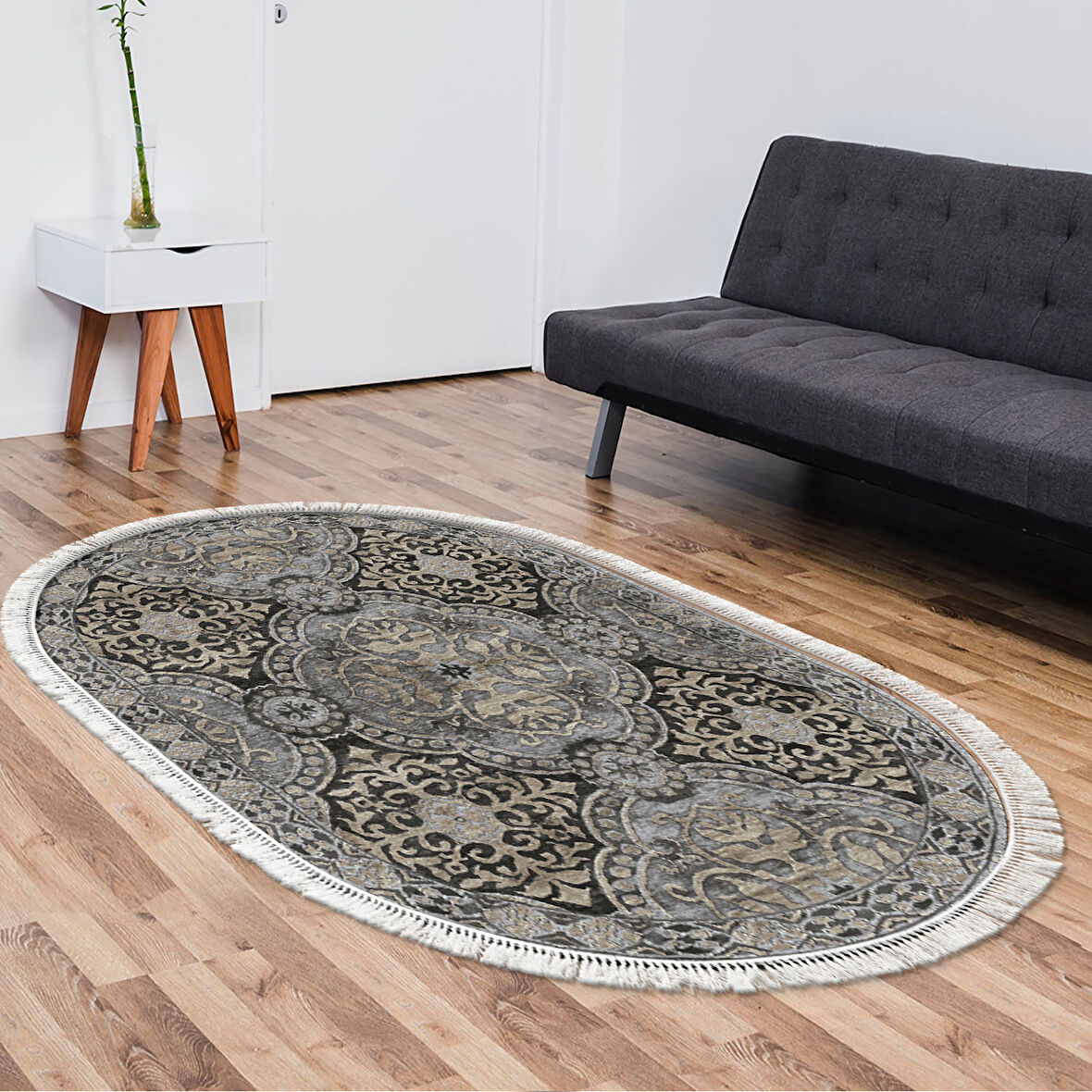 Dekoreko Kaymaz Taban Djt Salon Halısı Yıldız Deri Saçaklı Oval Modern 659M