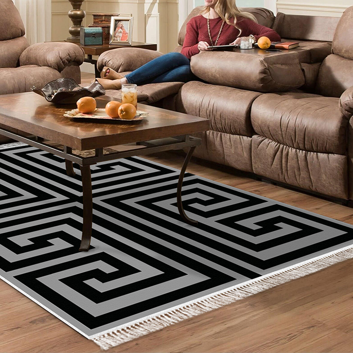 Dekoreko Kaymaz Taban Djt Salon Halısı Yıldız Deri Saçaklı Modern 658M