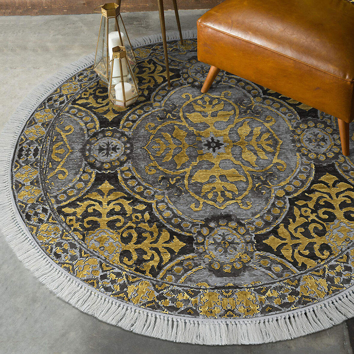 Dekoreko Kaymaz Taban Djt Salon Halısı Yıldız Deri Saçaklı Yuvarlak Modern 659M