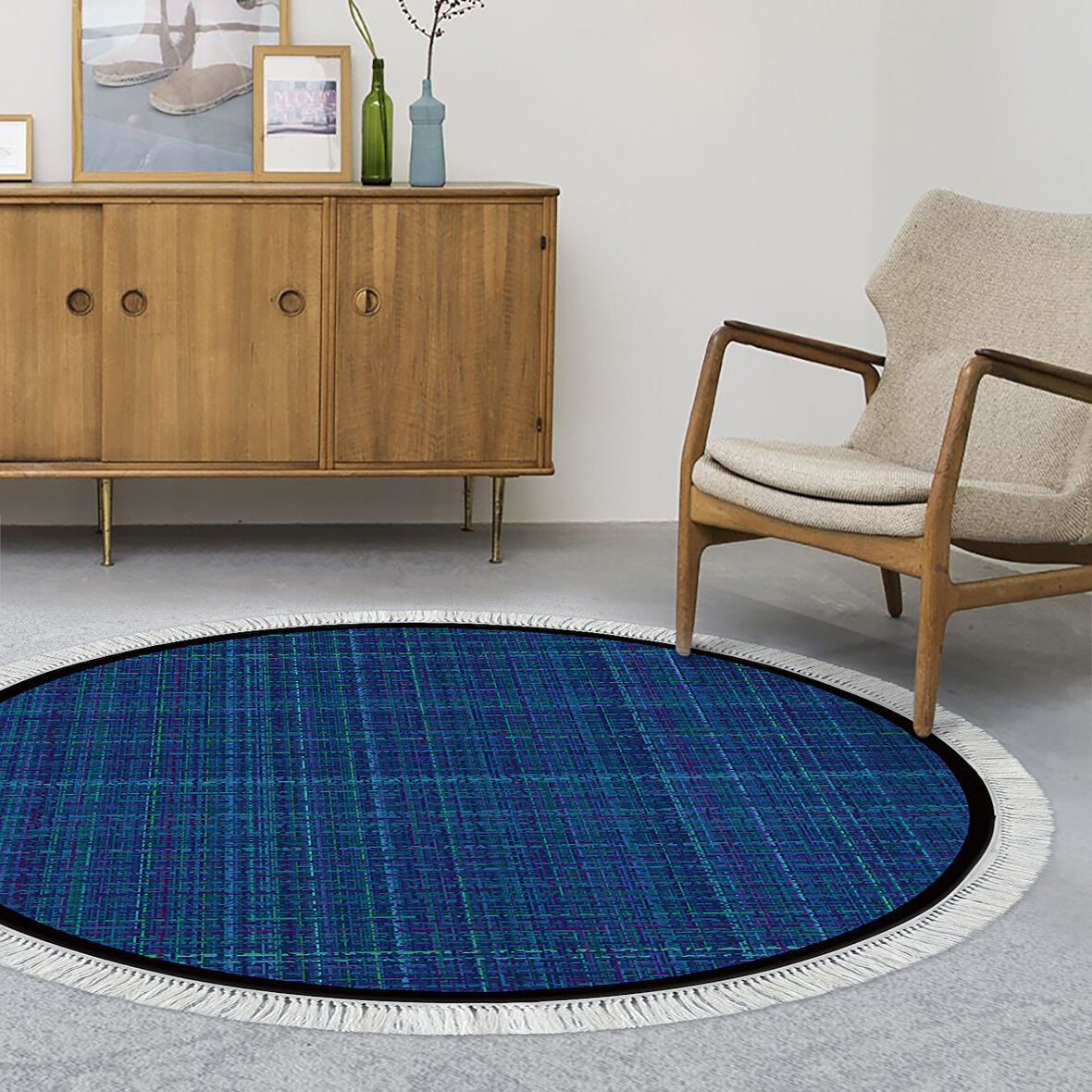 Alanur Home Kaymaz Taban Djt Banyo Mutfak Salon Halı Yıldız Deri Saçaklı Yuvarlak Dokuma Desen E5007