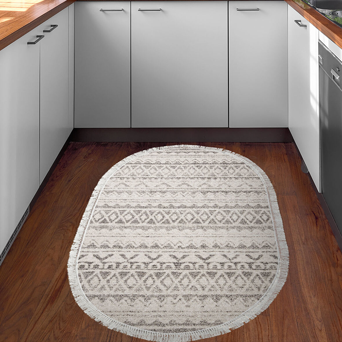 Dekoreko Kaymaz Taban Djt Mutfak Halısı Star Pamuk Saçaklı Oval İskandinav F5078