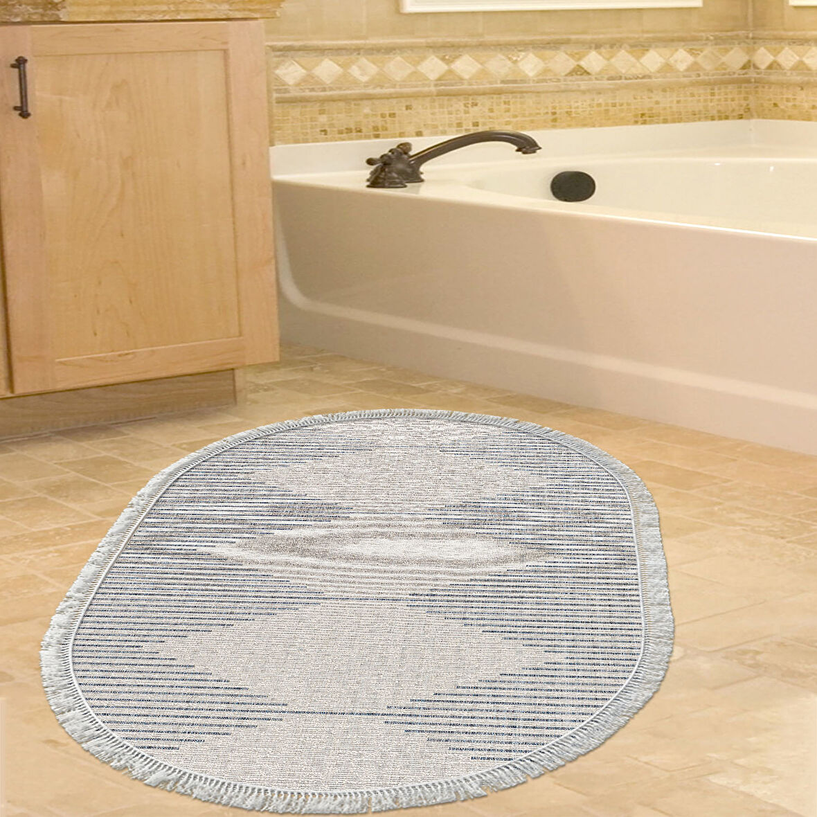 Dekoreko Kaymaz Taban Djt Banyo Halısı Star Pamuk Saçaklı Oval İskandinav F5085