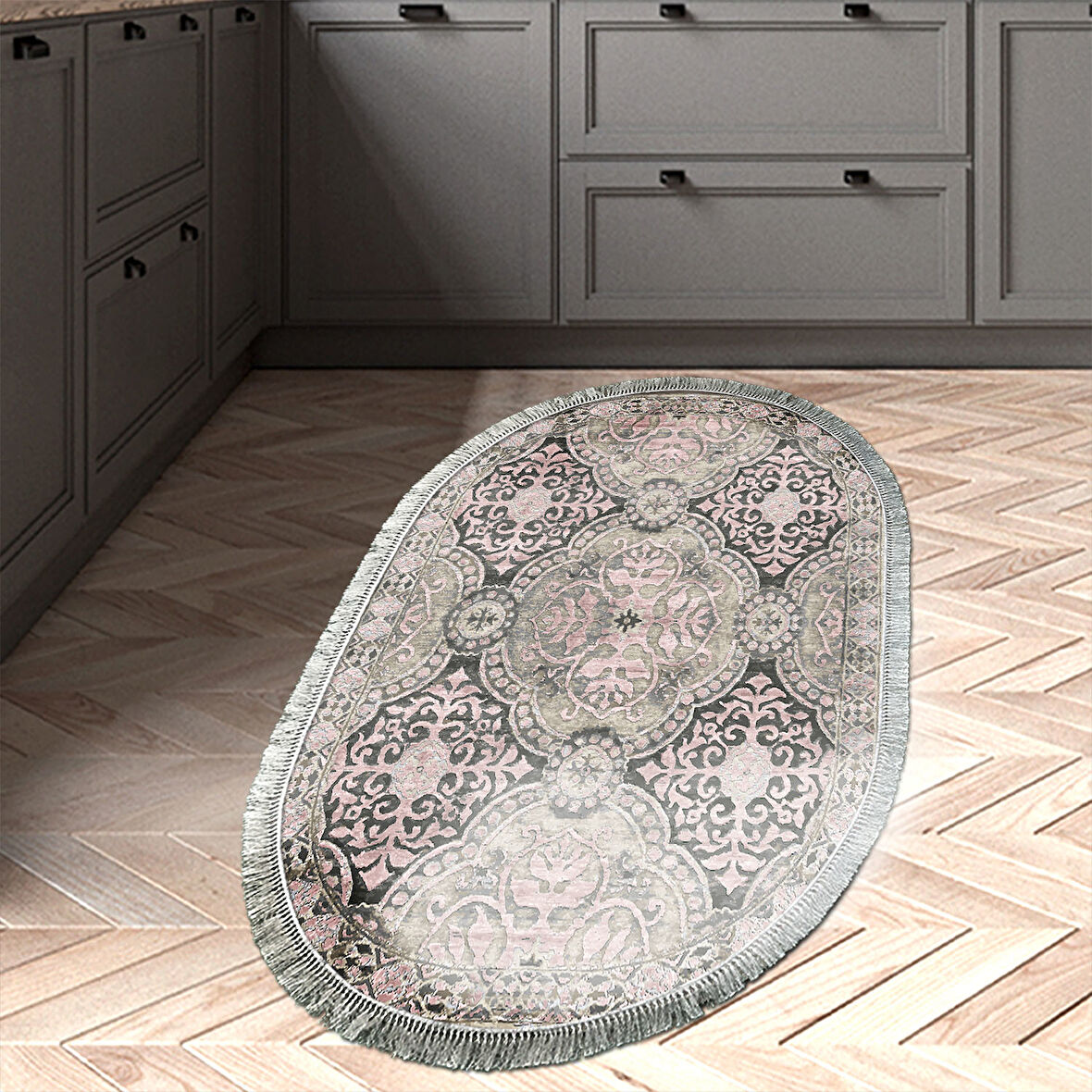 Dekoreko Kaymaz Taban Djt Mutfak Halısı Yıldız Deri Saçaklı Oval Modern 659M