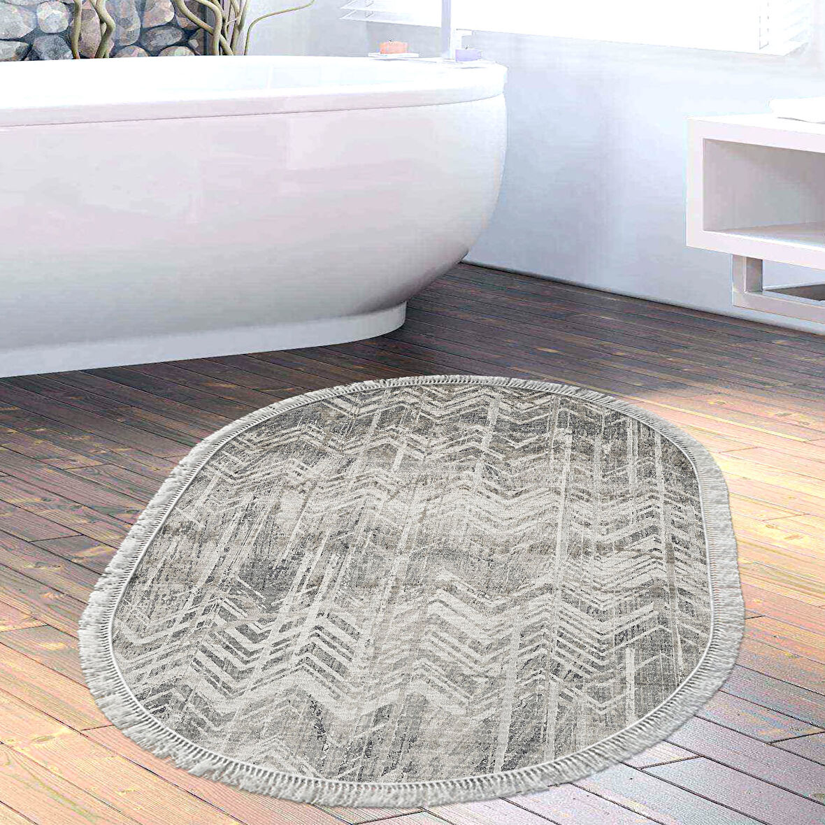 Dekoreko Kaymaz Taban Djt Banyo Halısı Trend Saçaklı Oval İskandinav F5083