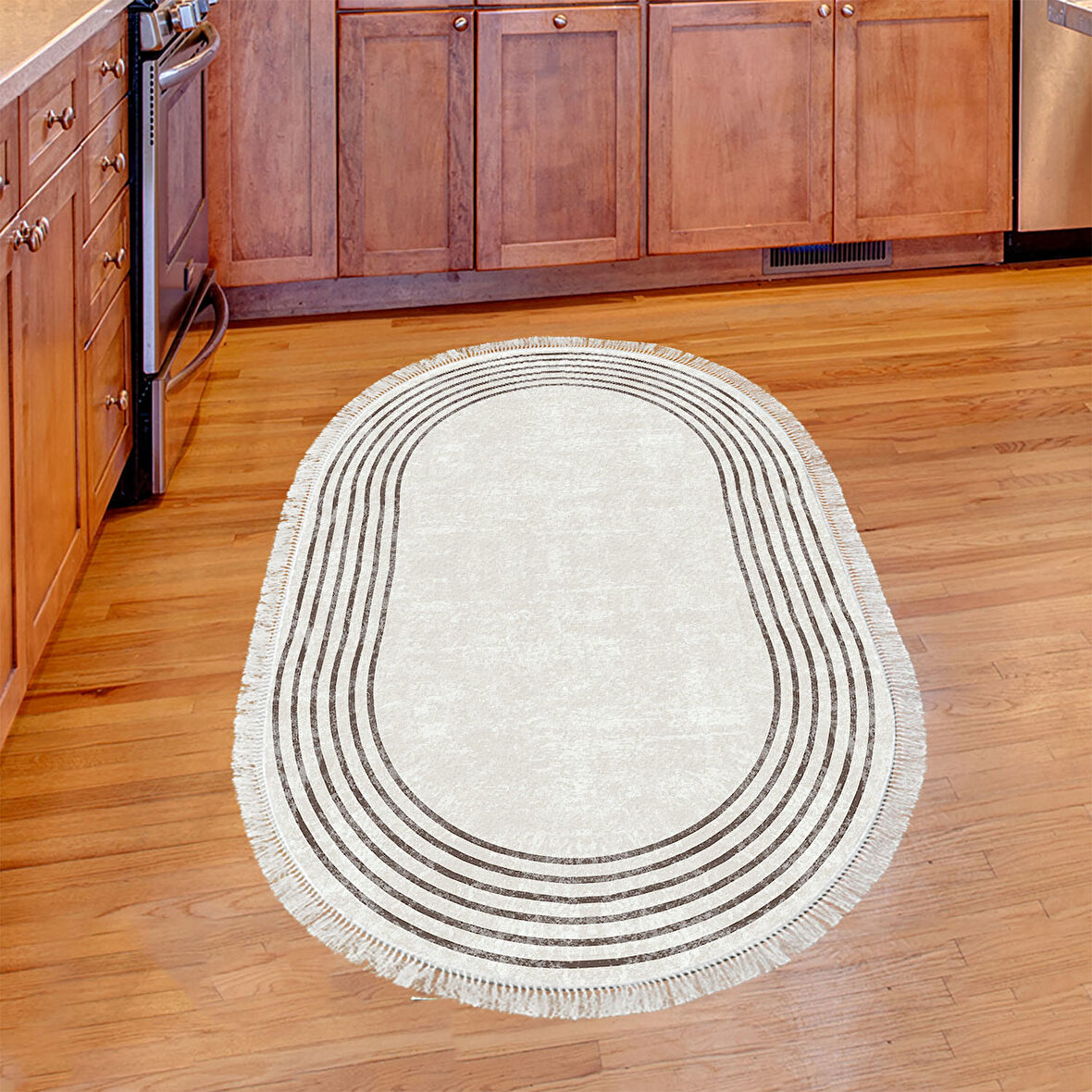 Dekoreko Kaymaz Taban Djt Mutfak Halısı Yıldız Deri Saçaklı Oval Modern M5142