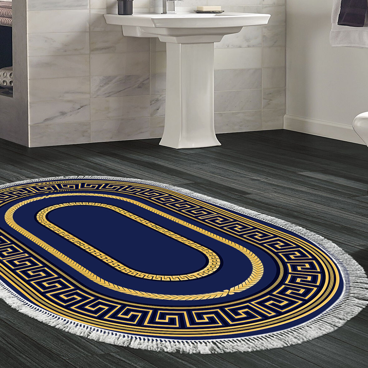 Dekoreko Kaymaz Taban Djt Banyo Halısı Yıldız Deri Saçaklı Oval Modern 651M