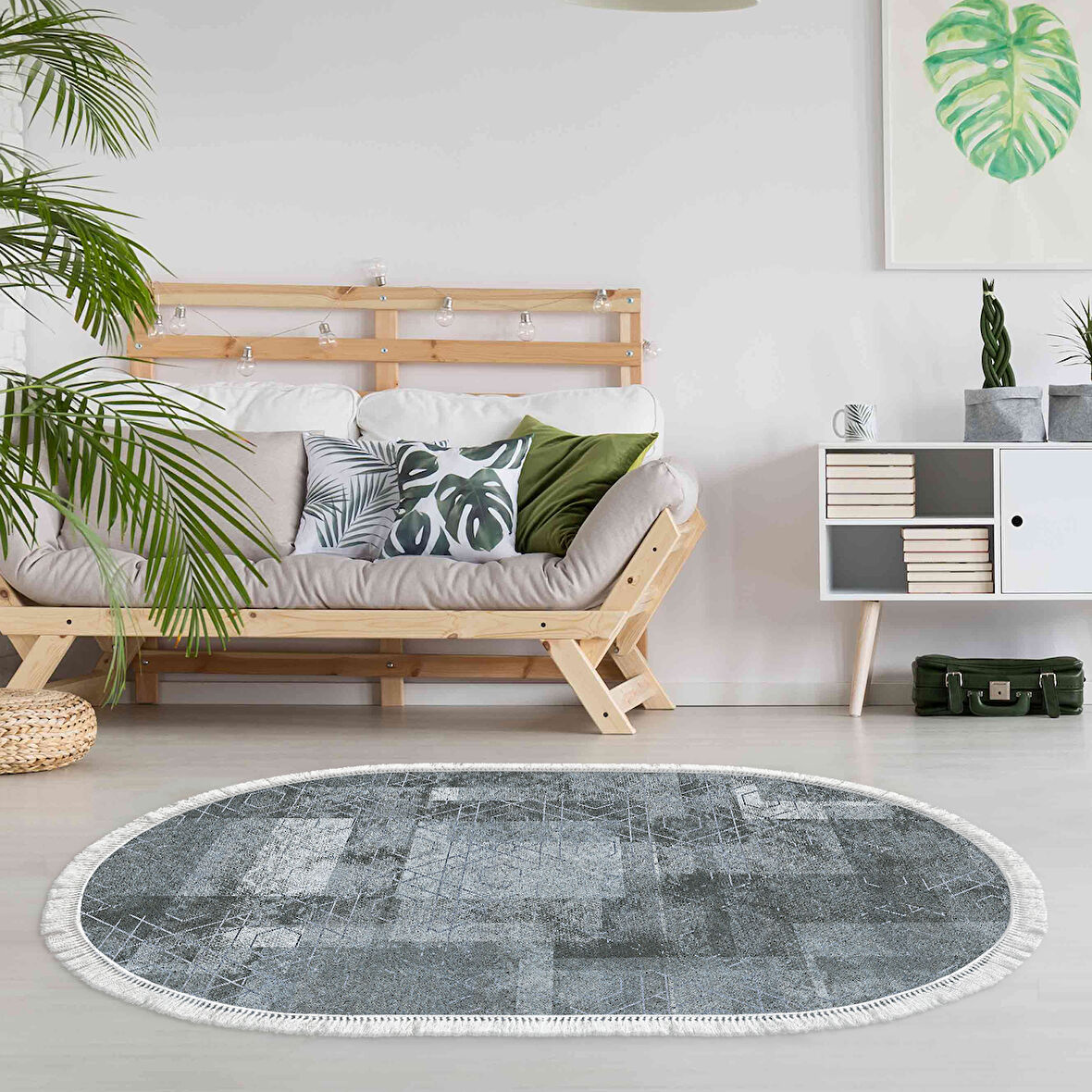 Dekoreko Kaymaz Taban Djt Salon Halısı Yıldız Deri Saçaklı Oval İskandinav F5132