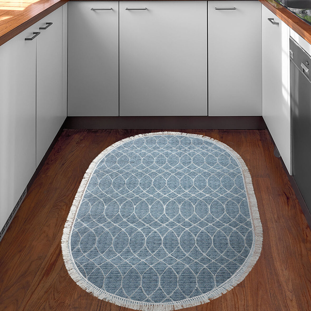 Dekoreko Kaymaz Taban Djt Mutfak Halısı Yıldız Deri Saçaklı Oval İskandinav F5084